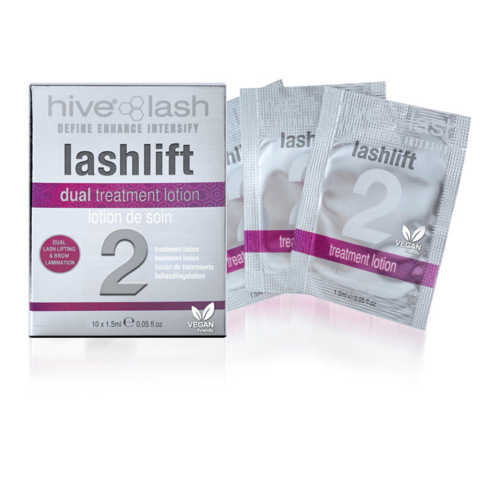Hive of Beauty Lashlift Dual Treatment Lotion Step 2 product shot showing silver retail box labelled Hive Lash Lashlift Dual Treatment Lotion Lotion de Soin 10x1.5ml with pink band Dual Lash Lifting and Brow Lamination badge and Vegan Friendly badge alongside three individual foil sachets labelled Lashlift 2 Treatment Lotion 1.5ml from diagonal angle on white background