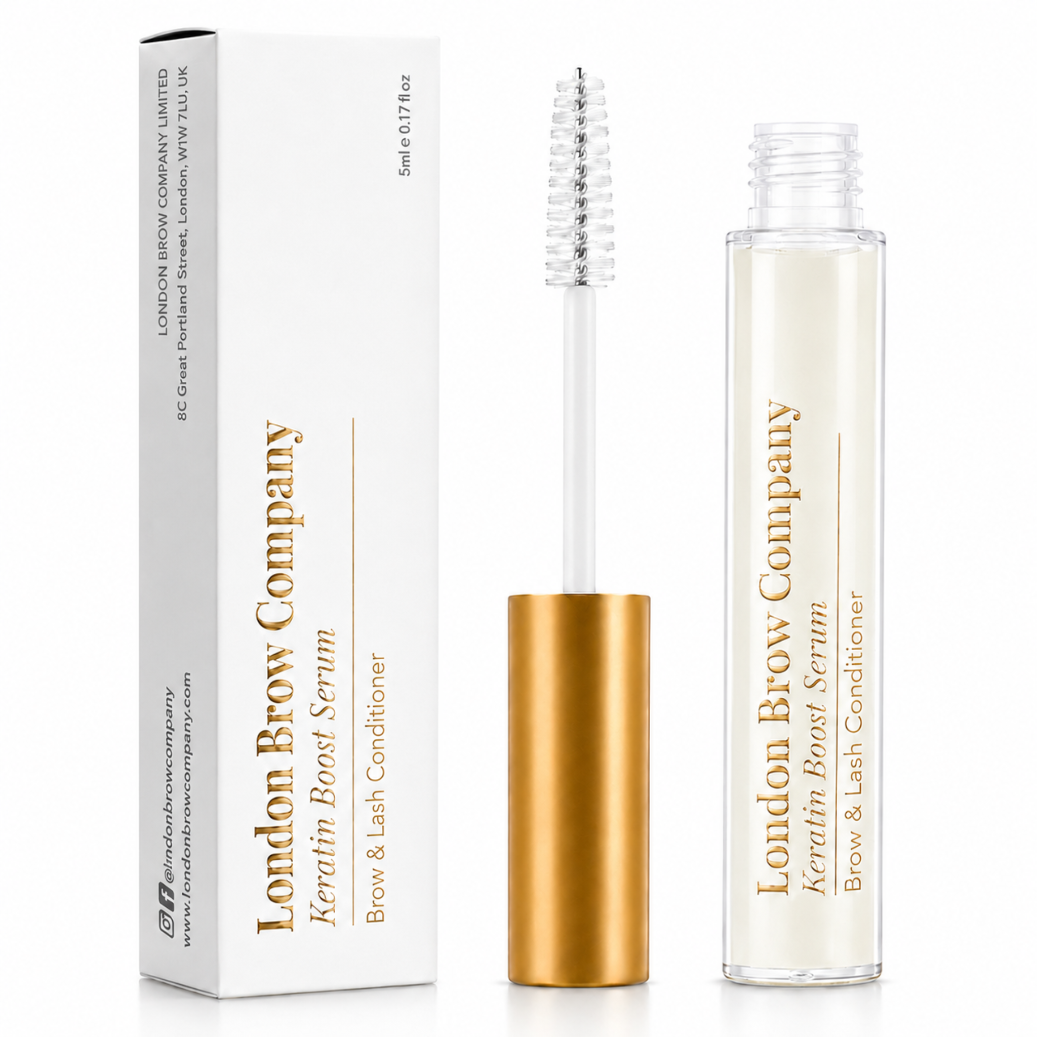 The London Brow Company Keratin Brow & Lash Boost Serum product shot showing clear serum tube with gold cap and spoolie brush applicator from front angle with London Brow Company branding visible