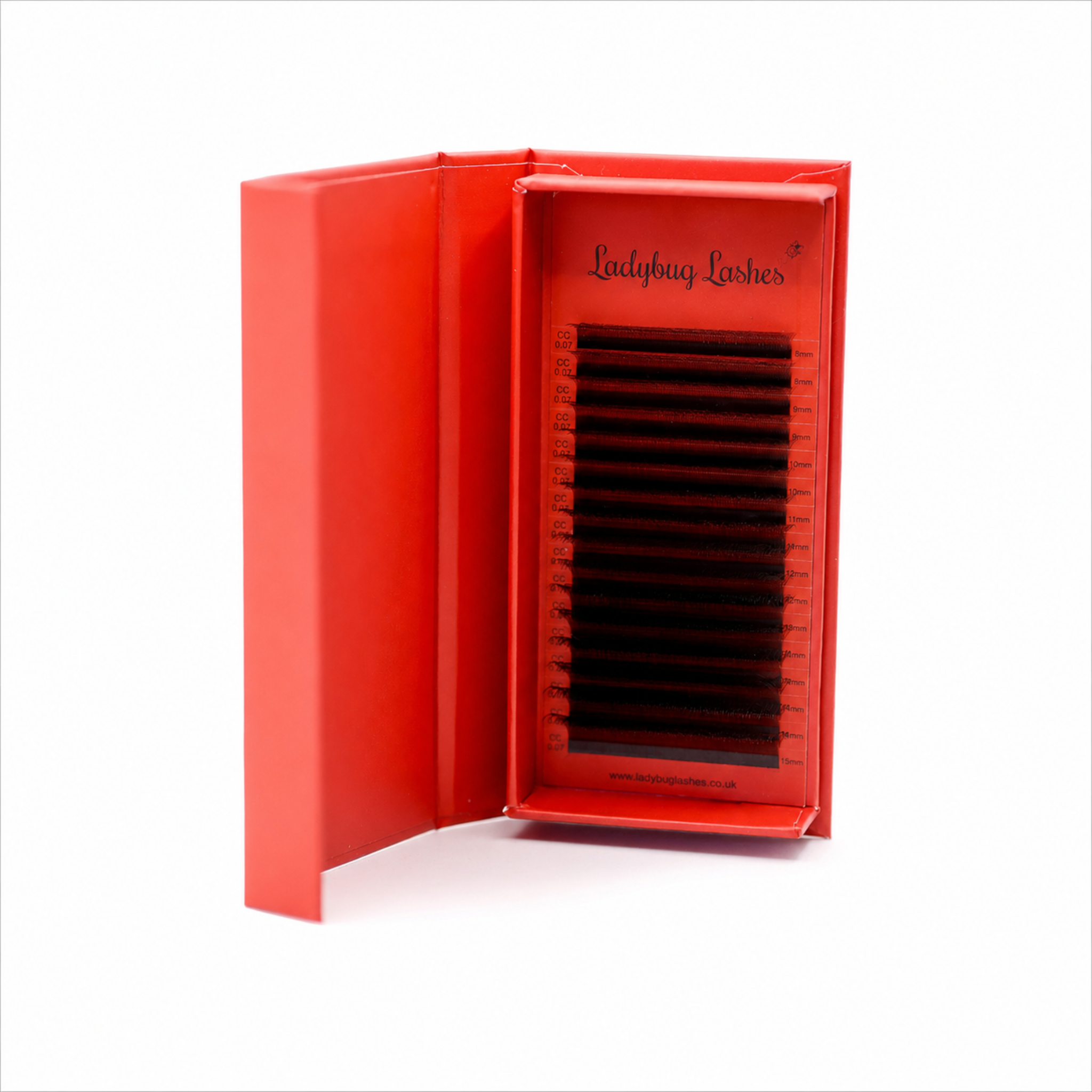 Ladybug Lashes Brown 4D Clover Tray infographic showing 16 mixed length rows with curl and length specifications