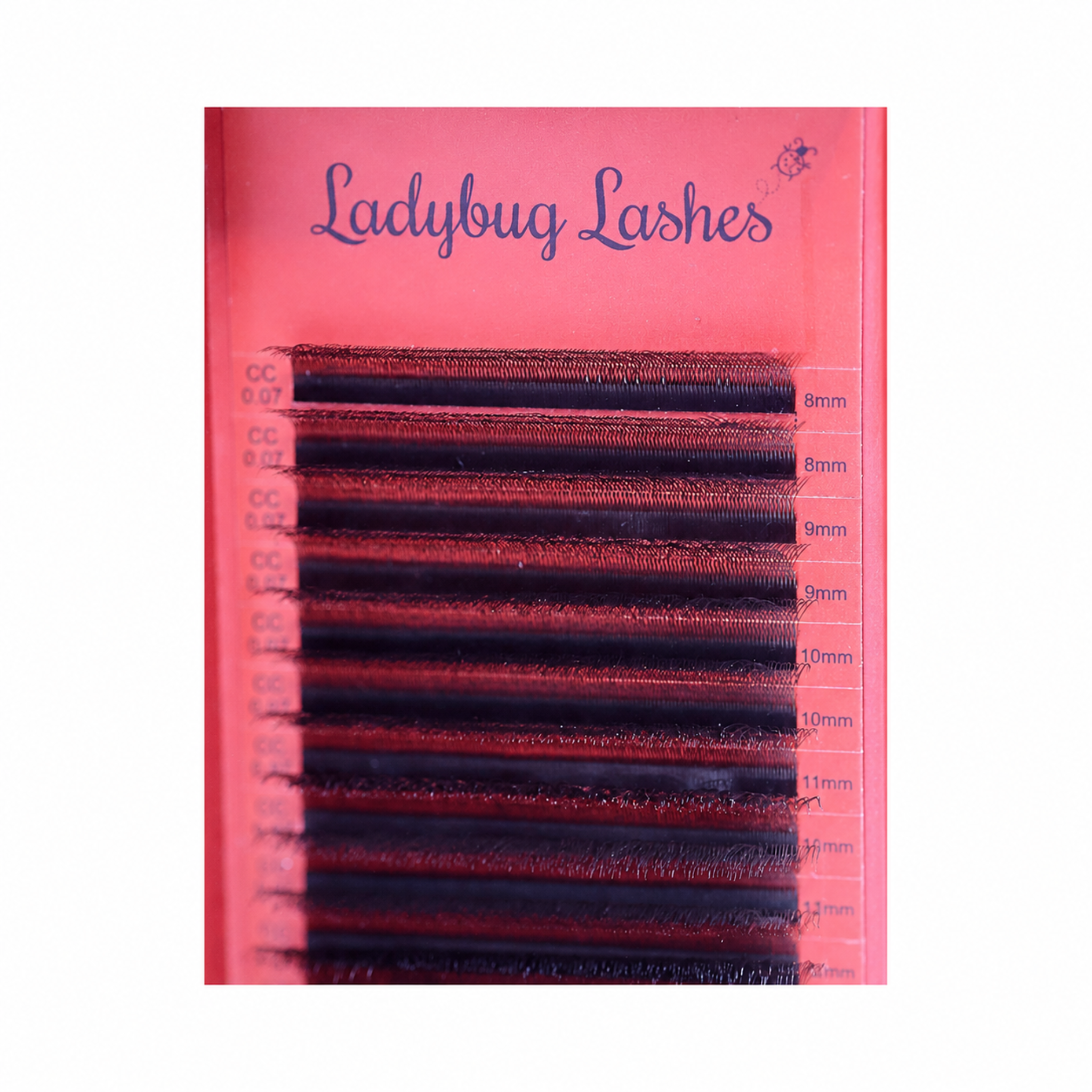 Ladybug Lashes Brown 4D Clover Tray infographic showing product features and fan detail on branded background