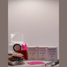 Ladybug Lashes Flutter and Frame Lash Lift Sachet Kit flatlay showing three Ladybug Lashes Flutter and Frame Tga System One Two Three sachet boxes, white lash adhesive bottle, red Ladybug Lashes branded box, pink Y-shaped silicone lifting tool, pink silicone under-eye patches, coloured mascara spoolies in a bag, paper compensators, fine detail brushes and a white plinth on a white surface