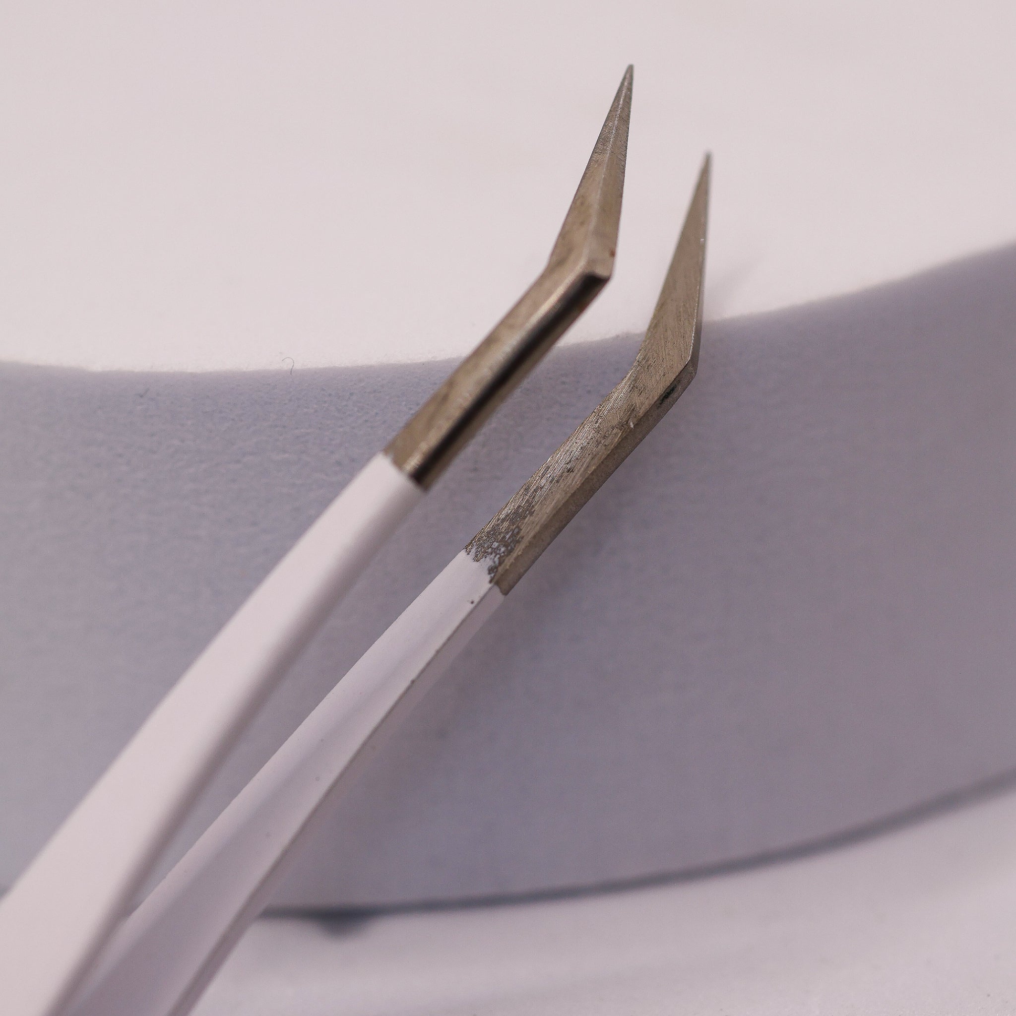Close-up of LADYBUGLASHES Angled Volume Tweezers – smooth tip detail