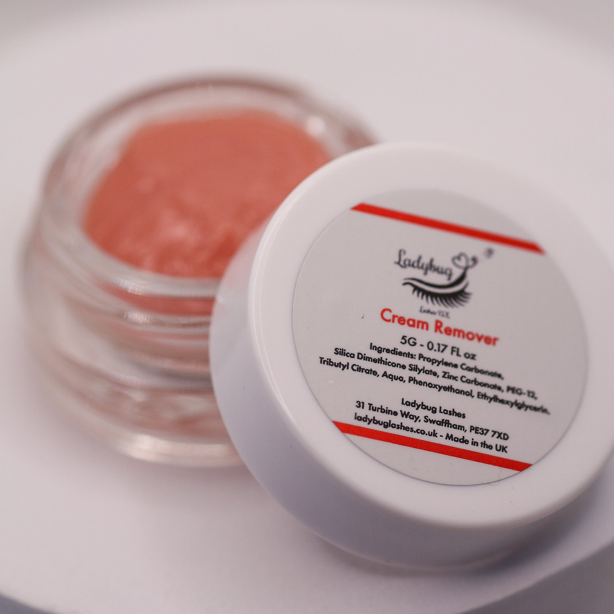 LADYBUGLASHES Gentle Lash Cream Remover Cosmetic Grade – opened pot, alternative angle