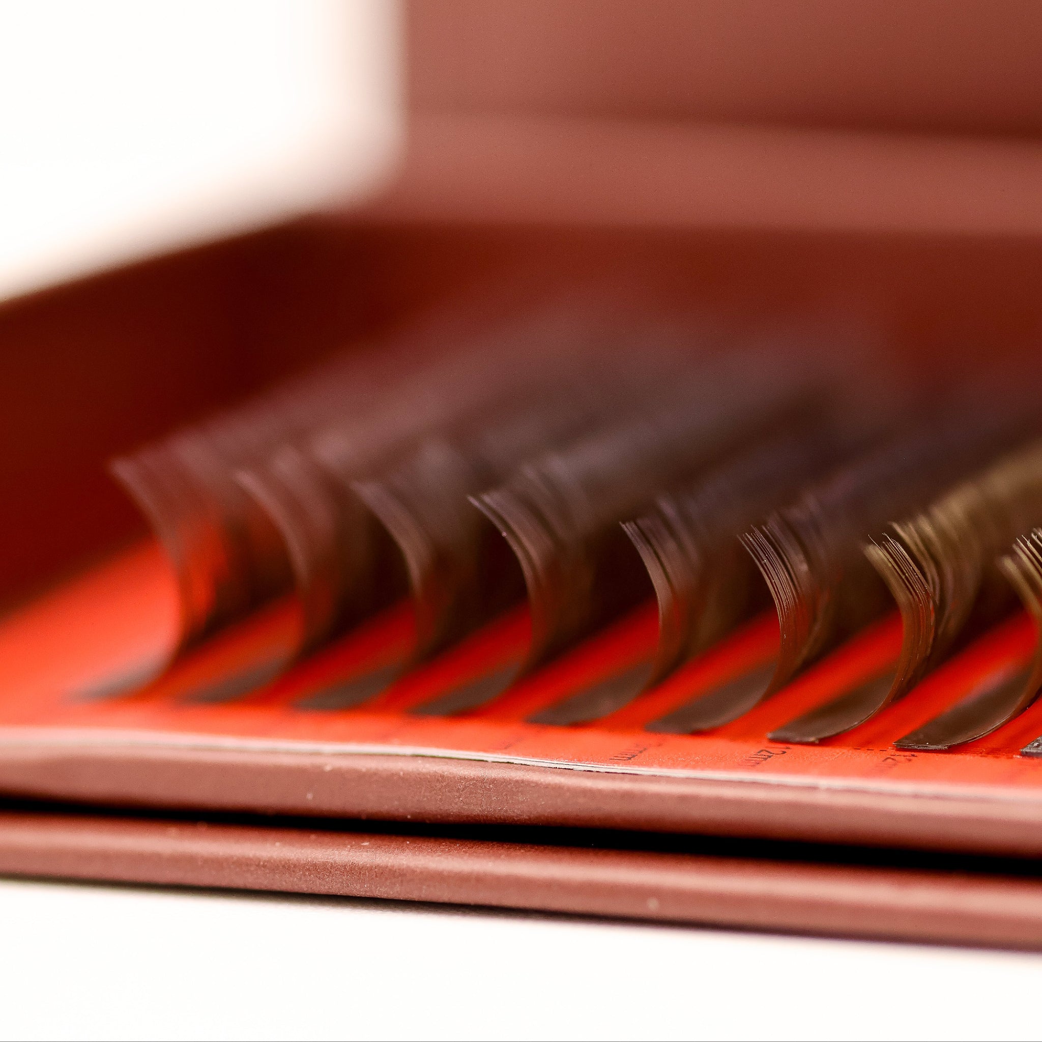 Ladybug Lashes Brown YY Lash 16 Row Tray close-up showing YY lash separation and tip detail from front angle