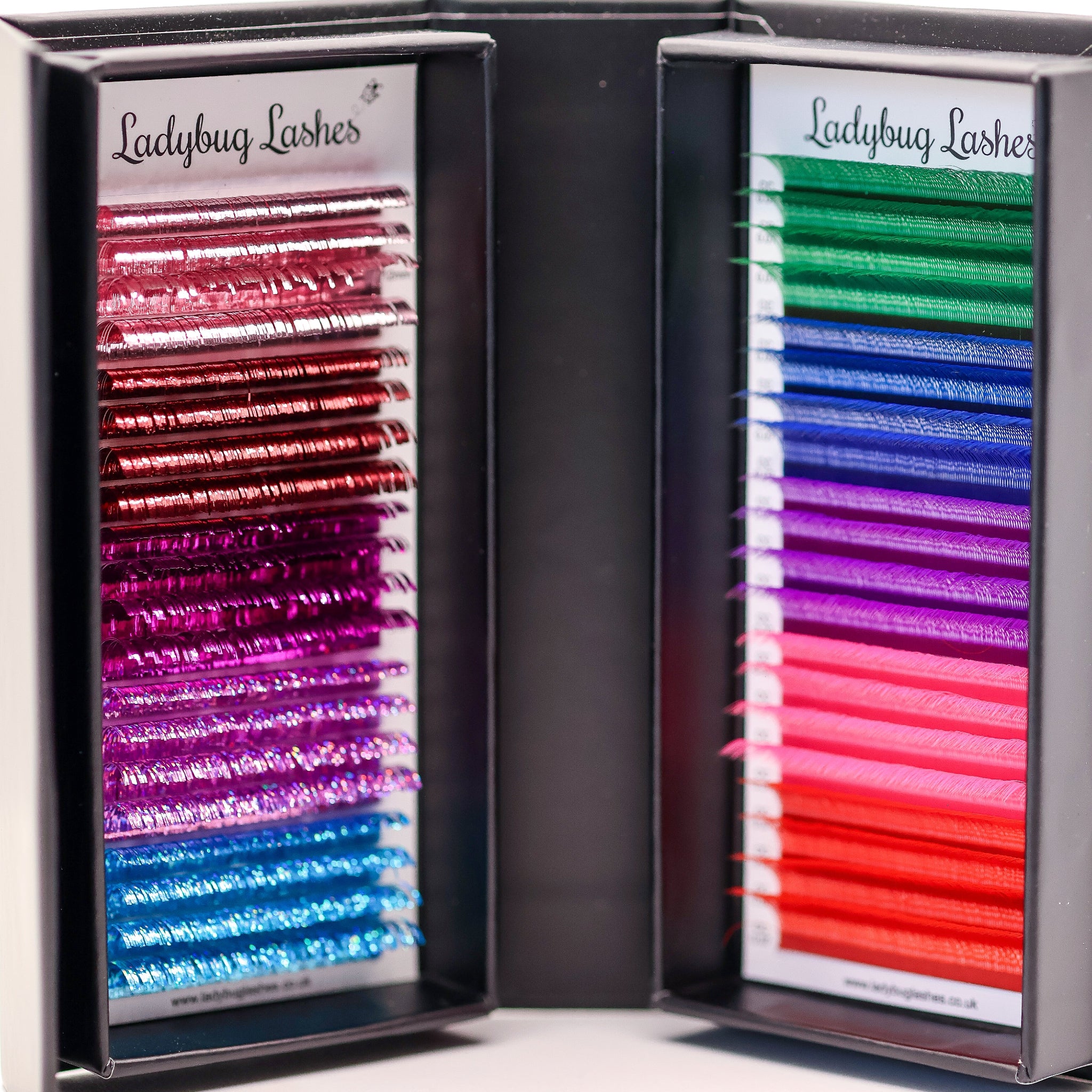 Ladybug Lashes YY and Tinsel Lash Collection box open showing ten colour rows in CC curl 10–13mm