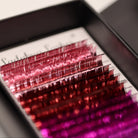 Close-up of Ladybug Lashes YY and Tinsel Lash Collection showing mixed colour and tinsel lash rows from side angle