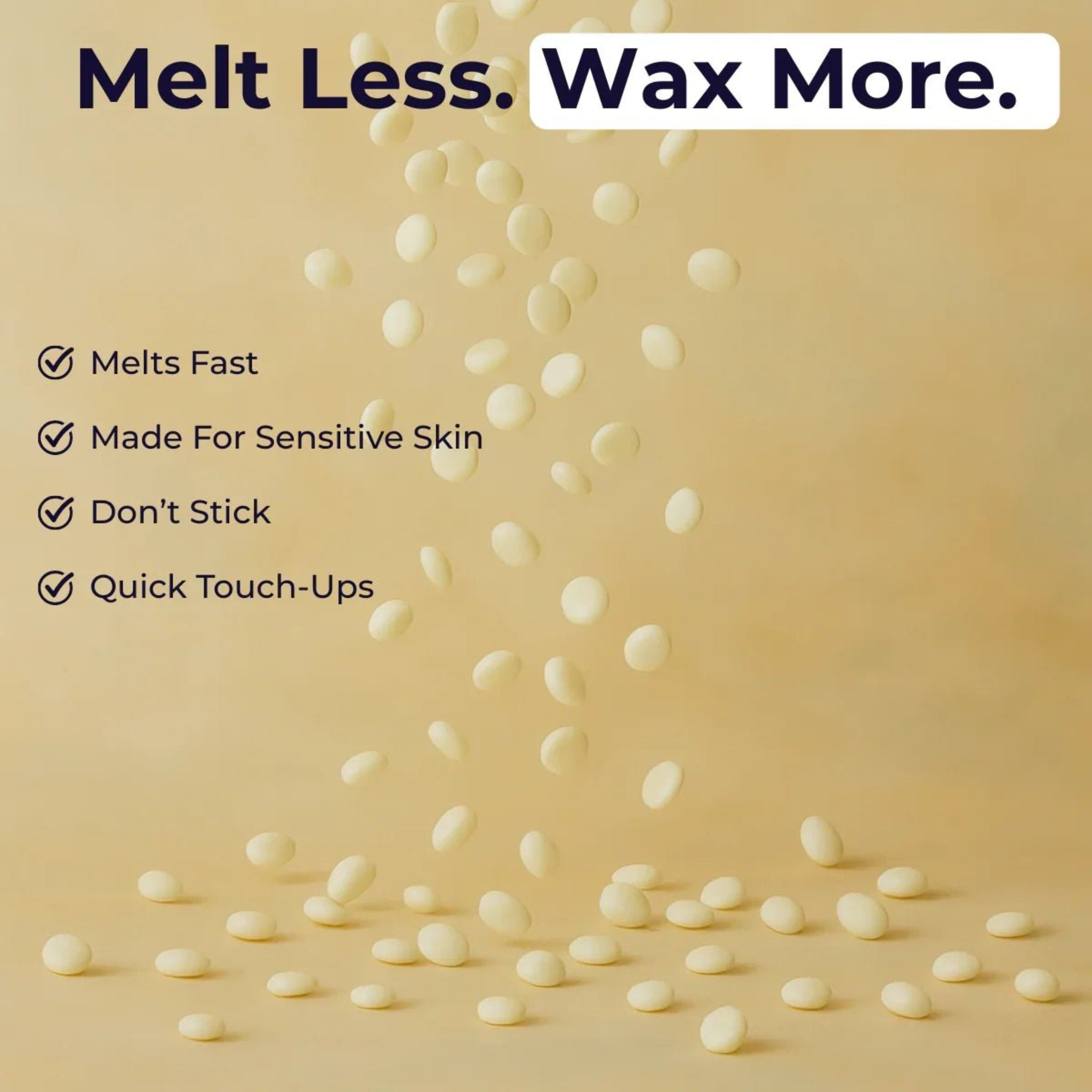 London Brow Flexi Mini Wax Refill Bags promotional graphic showing white hot wax beads cascading downward with key benefits listed — Melts Fast, Made For Sensitive Skin, Don't Stick, Quick Touch-Ups — on warm cream background 
