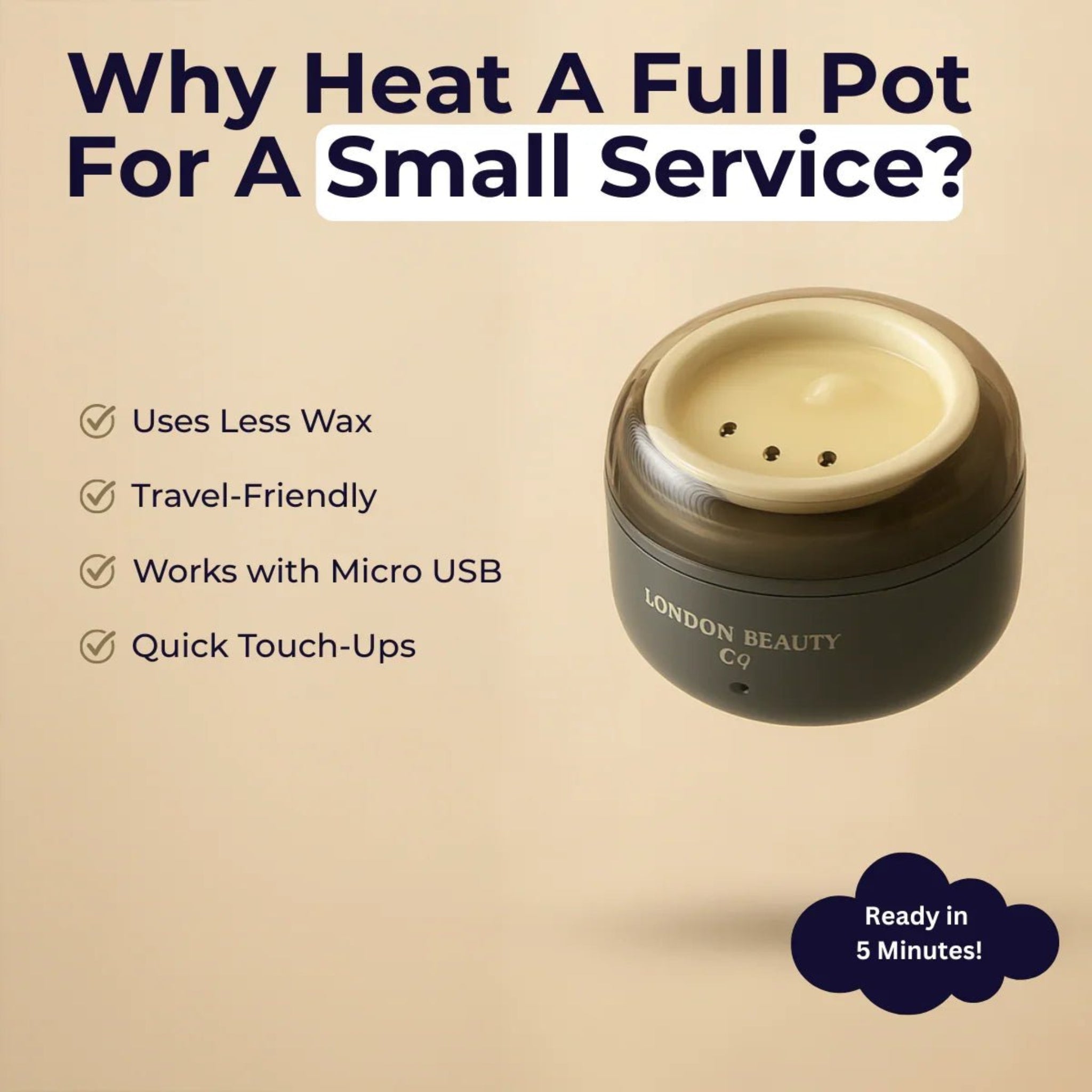London Beauty Co Mini Portable Wax Heater promotional infographic showing dark grey USB-powered mini wax heater with cream silicone insert on cream background with Why Heat A Full Pot For A Small Service headline and four benefit callouts — Uses Less Wax Travel-Friendly Works with Micro USB Quick Touch-Ups — and Ready in 5 Minutes badge