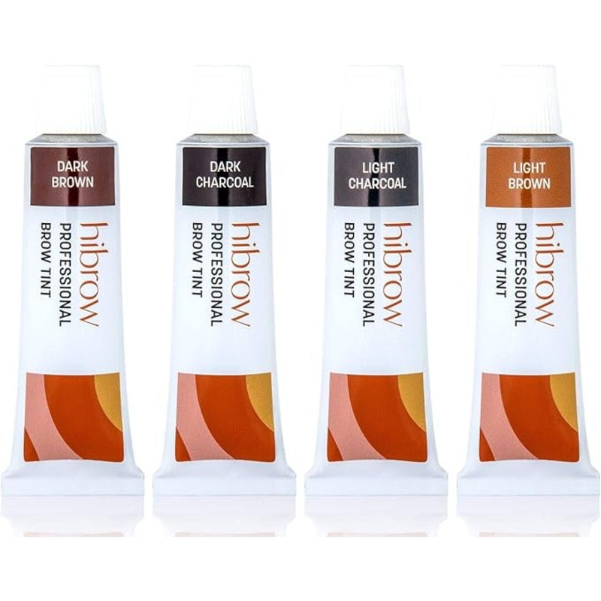 Hi Brow Professional Brow Tinting Kit product shot showing tan-topped retail box containing Hi Brow Professional Brow Tint Developer squeeze bottle Hi Brow Professional Brow Tint tube dual-ended spoolie and angled brow brush and mixing tray from front angle on white background