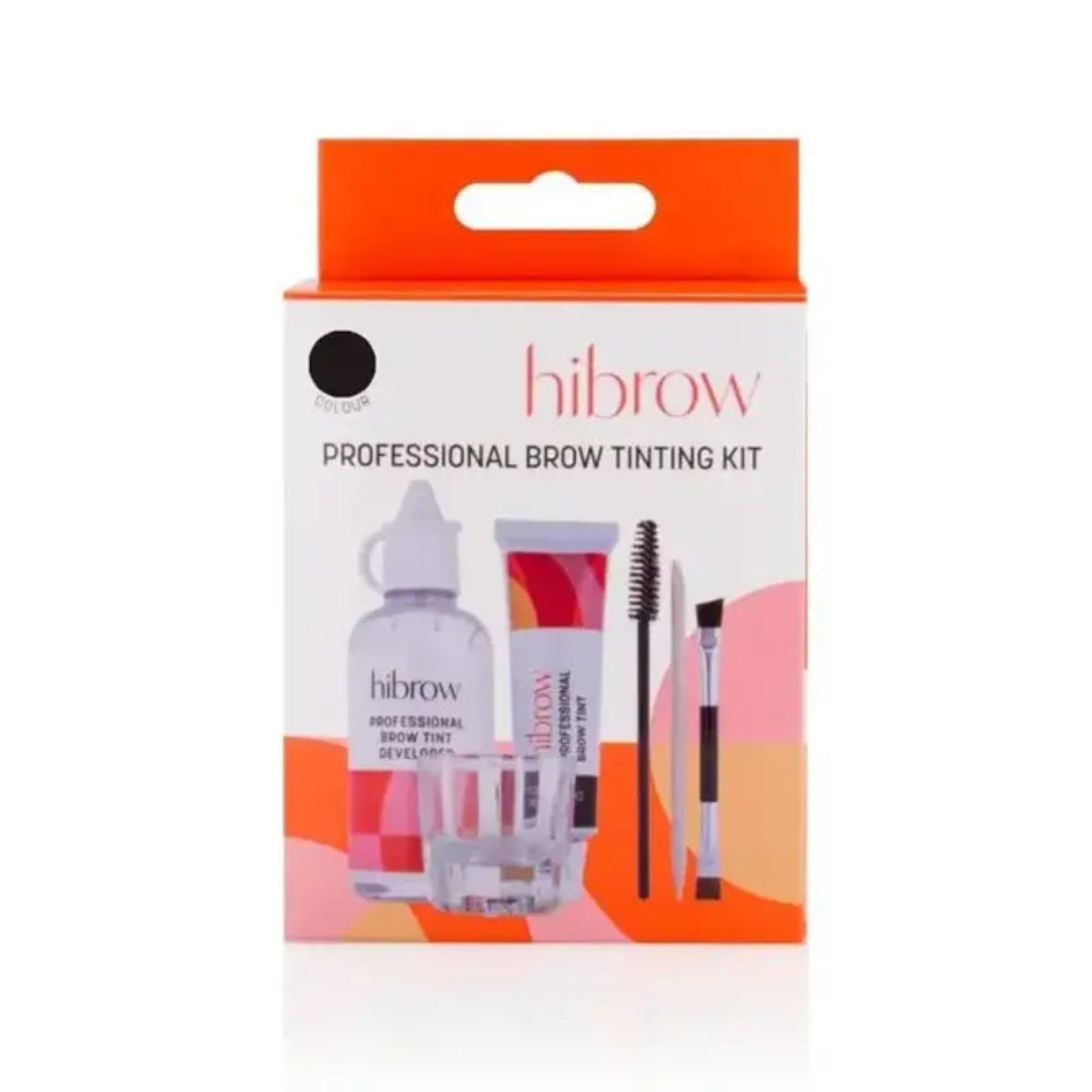 Hi Brow Professional Brow Tinting Kit Black shade product shot showing orange-topped retail box with black shade swatch dot containing Hi Brow Professional Brow Tint Developer squeeze bottle Hi Brow Professional Brow Tint tube dual-ended spoolie and angled brow brush and mixing tray from front angle on white background