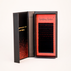 1.	Ladybug Lashes Volume L Curl lash tray open in black and red branded box showing 16 rows of 0.07 black L curl lash extensions from 8mm to 15mm