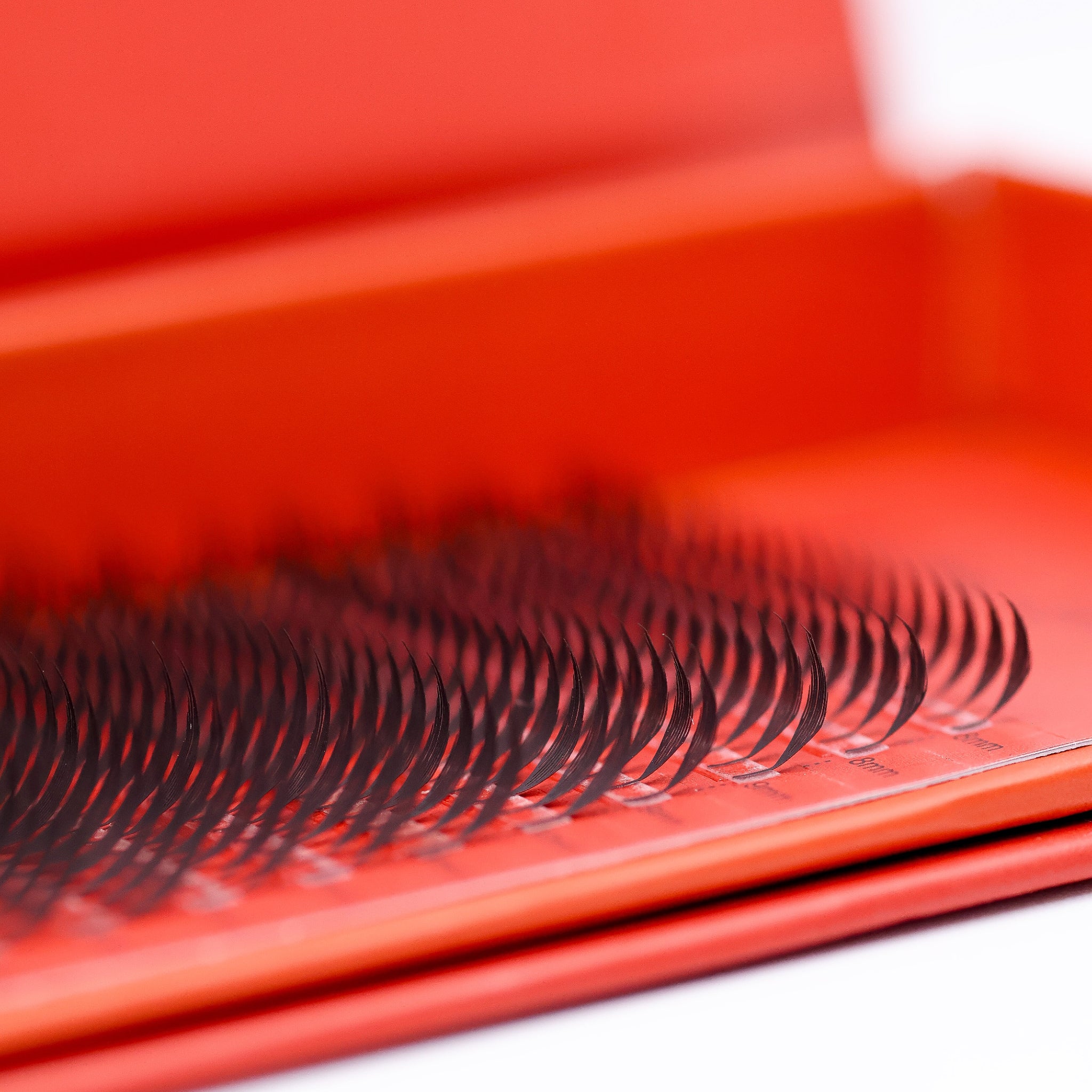 Extreme macro close-up of Anime Feather lash extensions on red Ladybug Lashes tray showing dramatic feather spike tips and flat bonded bases