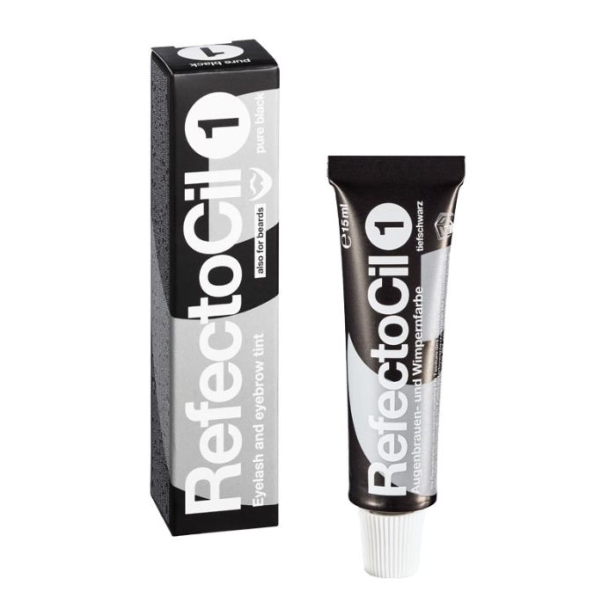 RefectoCil Eyelash and Eyebrow Tint 15ml shade 1 Black product shot showing black metallic squeeze tube with white cap and black RefectoCil branded retail box from front angle on white background