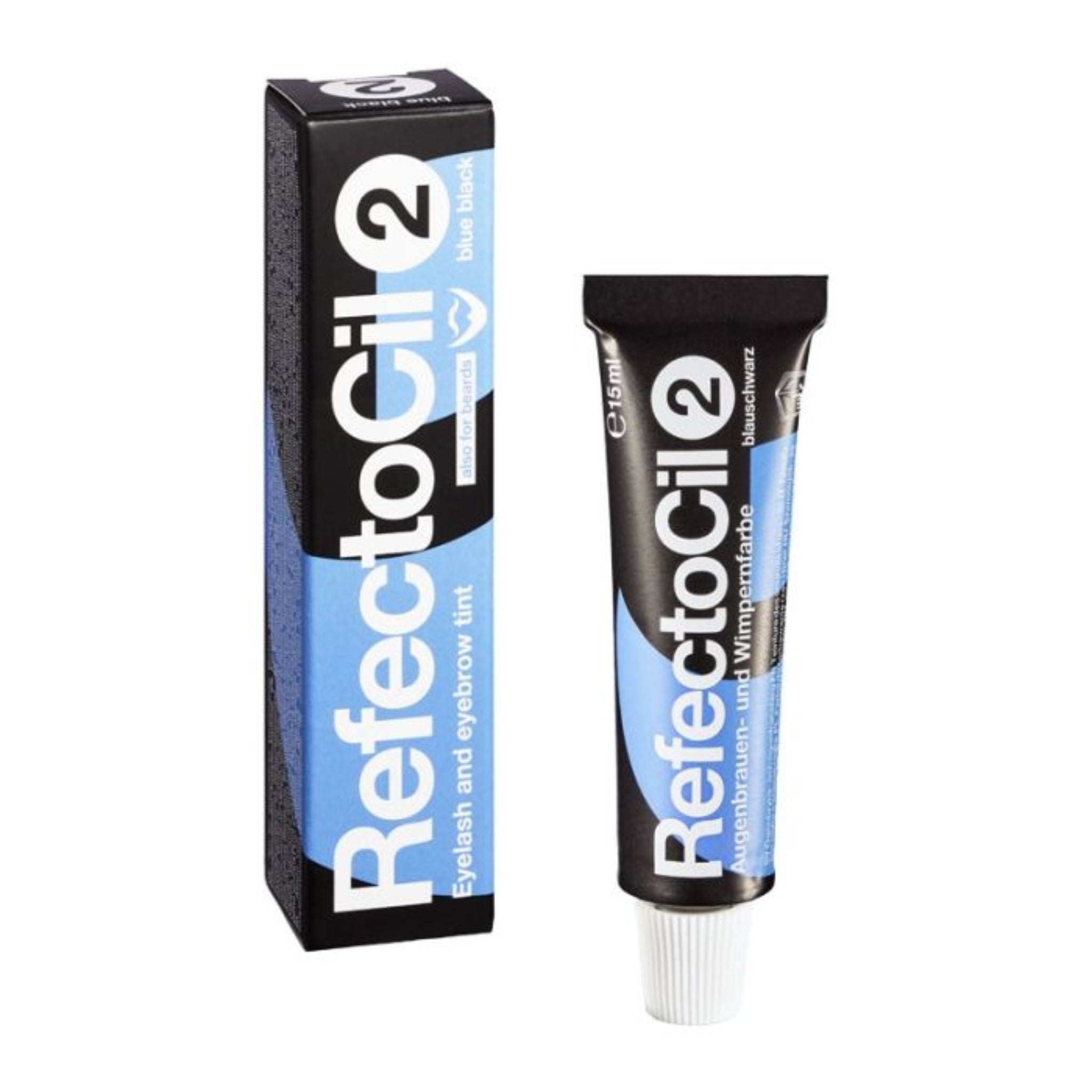 RefectoCil Eyelash and Eyebrow Tint 15ml shade 2 Blue Black product shot showing dark navy metallic squeeze tube with white cap and dark navy RefectoCil branded retail box from front angle on white background