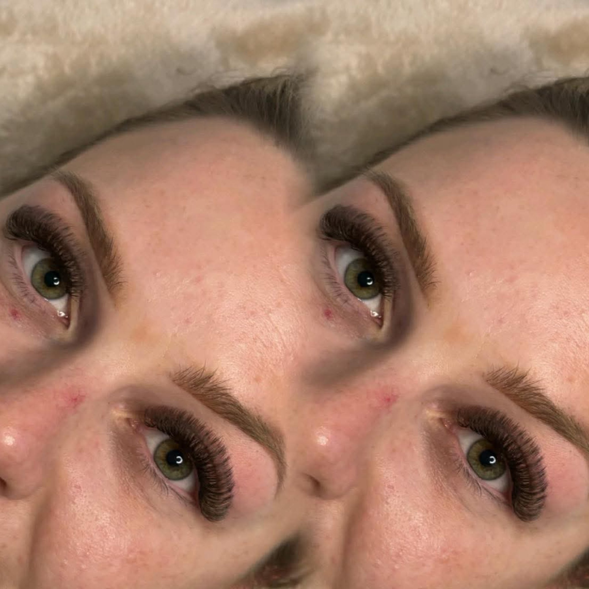  brown Fairy lash extension set on green eyes showing full dense volume and warm brown tone from front angle