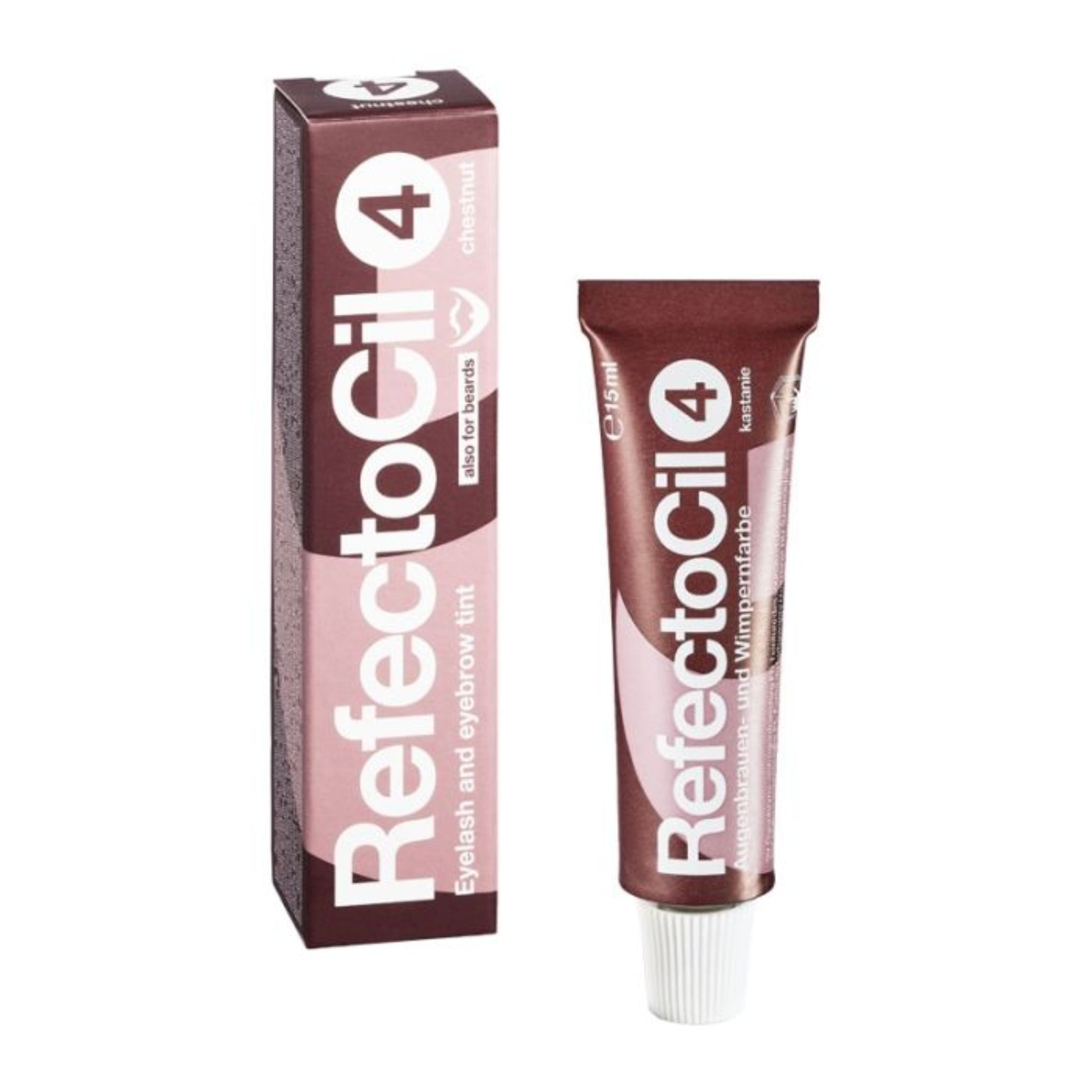 RefectoCil Eyelash and Eyebrow Tint 15ml shade 4 Chestnut product shot showing chestnut brown metallic squeeze tube with white cap and chestnut brown RefectoCil branded retail box from front angle on white background