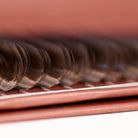 Extreme macro close-up of brown Fairy lash extensions on Ladybug Lashes tray showing rounded curl tips and soft brown tone from side angle
