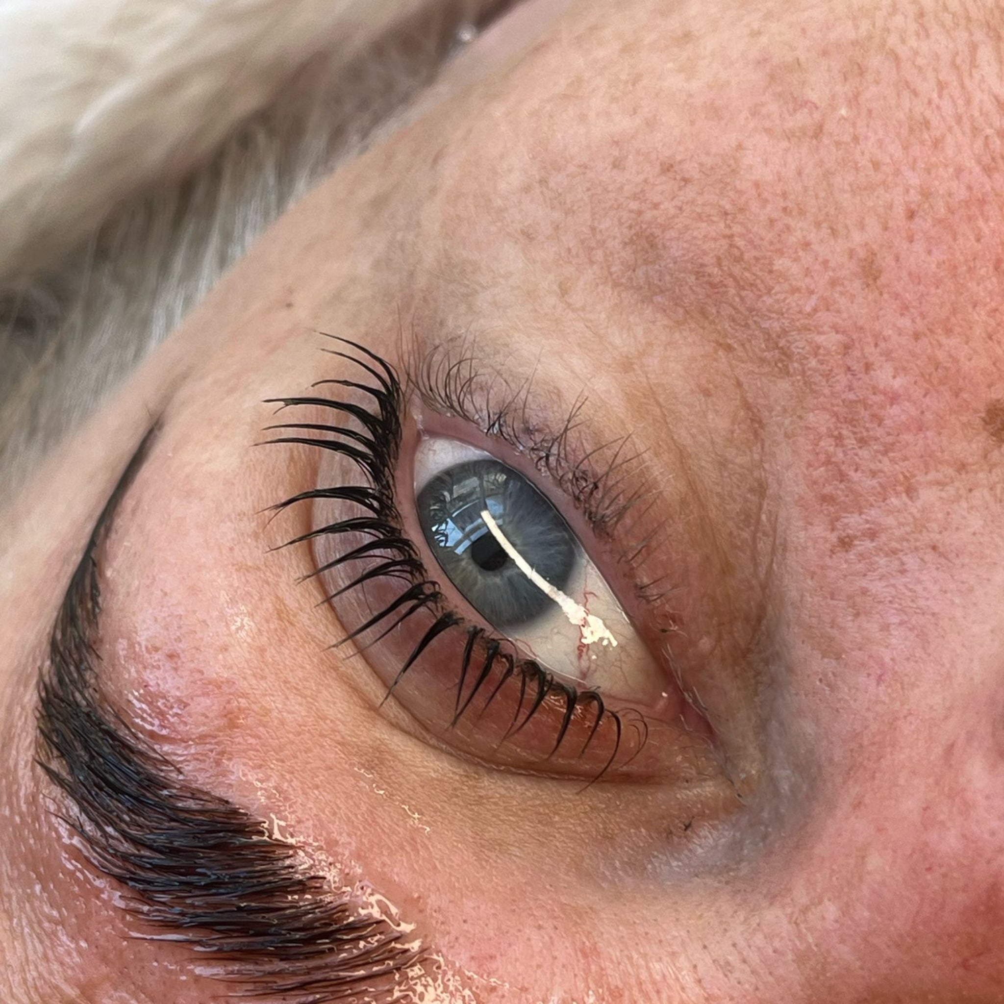 Ladybug Lashes Express Cysteamine Sachet Brow Lamination Kit treatment result close-up showing open blue eye with lifted and curled natural lashes from diagonal angle with defined dark laminated brow and natural skin texture clearly visible