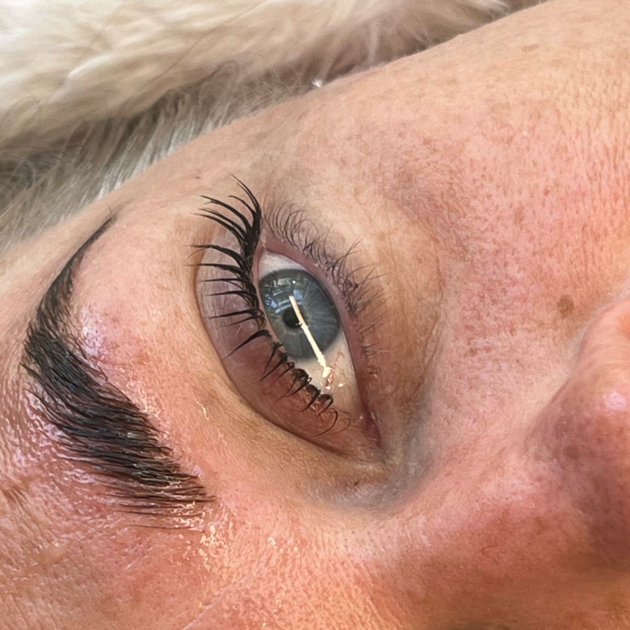 Ladybug Lashes Express Cysteamine Sachet Brow Lamination Kit treatment result close-up showing open blue-grey eye with lifted and separated natural lashes and defined dark laminated brow from diagonal angle with natural skin texture and dark hair visible