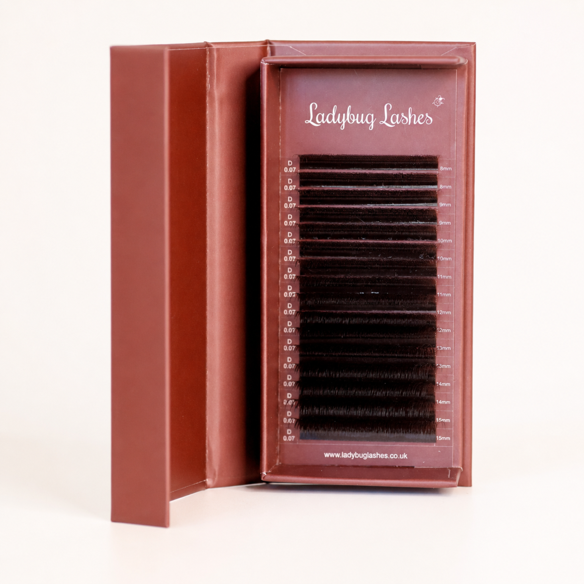 Ladybug Lashes Brown Fairy lash 16 row mixed tray open in branded burgundy box showing D curl 0.07 lashes from 8mm to 15mm front-facing view