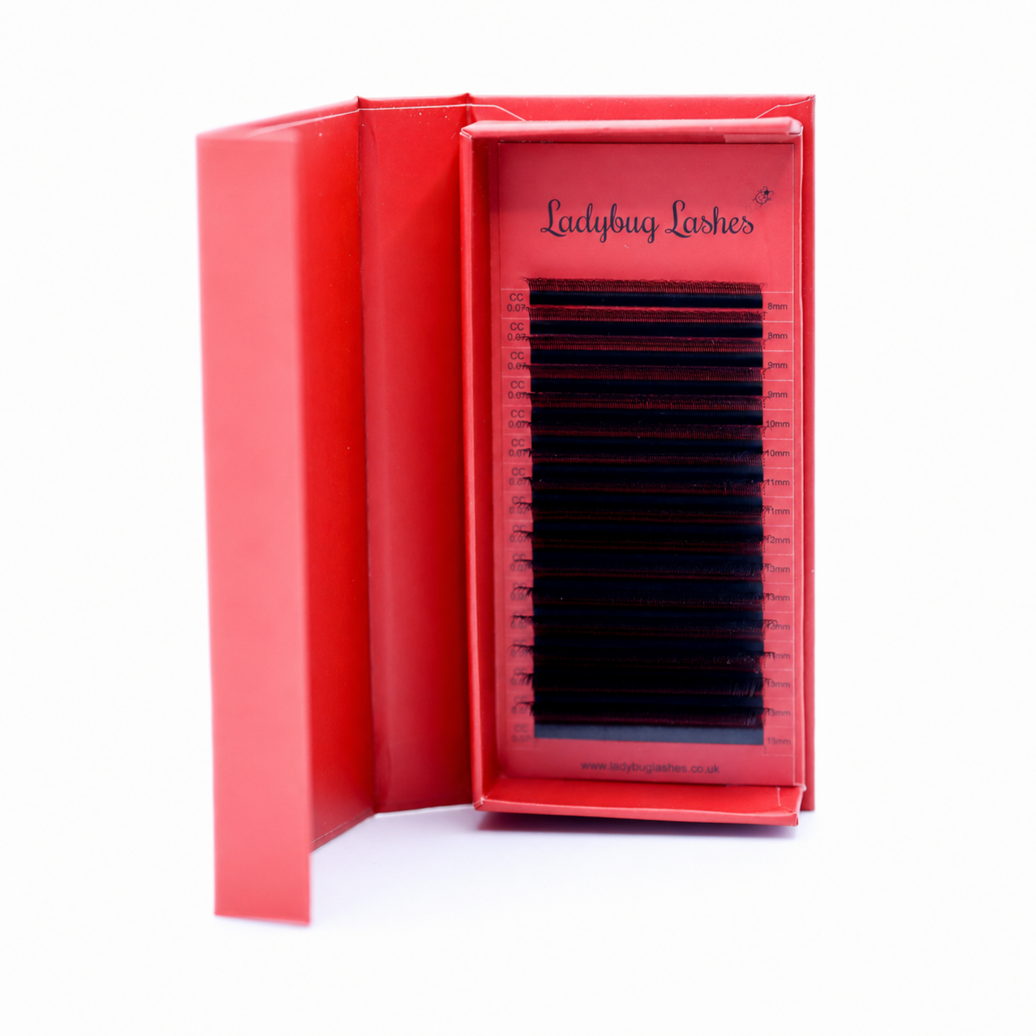 Ladybug Lashes Fairy Lashes Single Length 16 Row Tray showing full tray of single-length fairy lash extensions from front angle