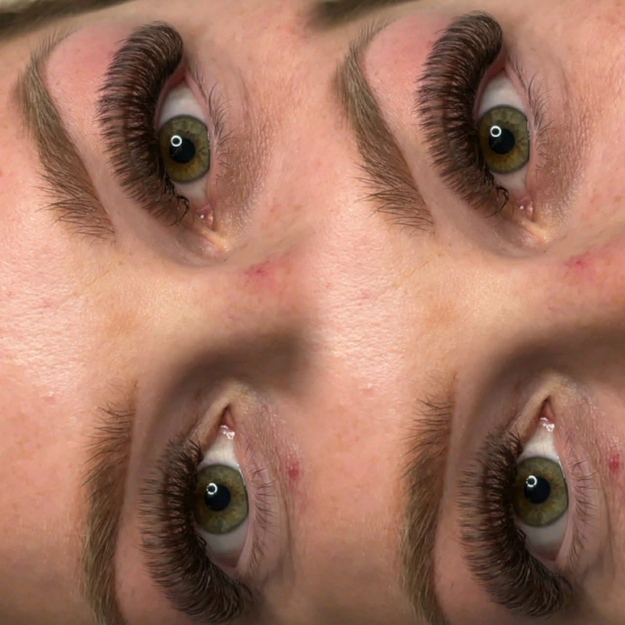 completed brown Fairy lash extension set on green eyes showing full dense volume and warm brown tone from front angle