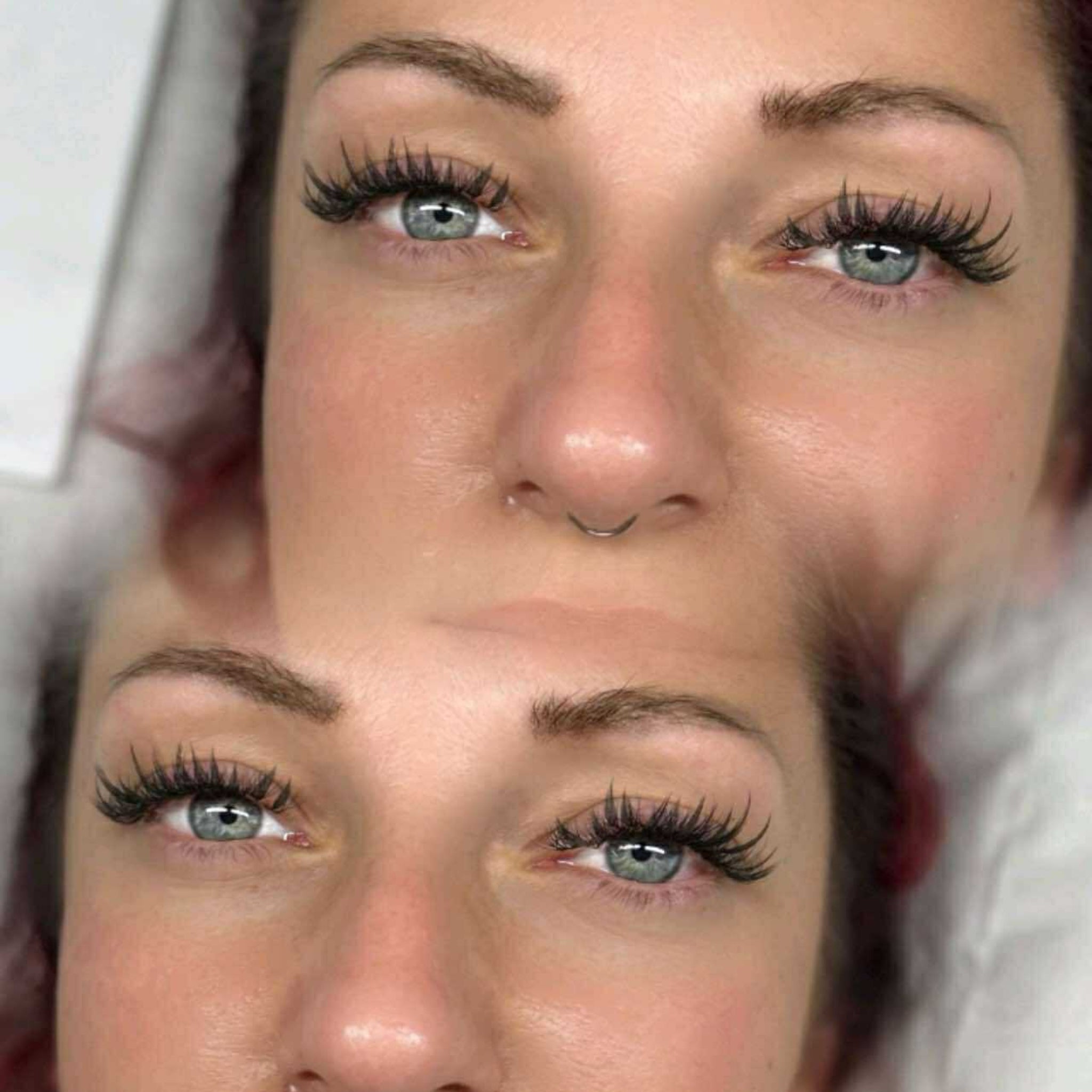 Completed Anime Feather lash extension set on blue-grey eyes showing soft wispy feather spike volume and natural separation from front angle