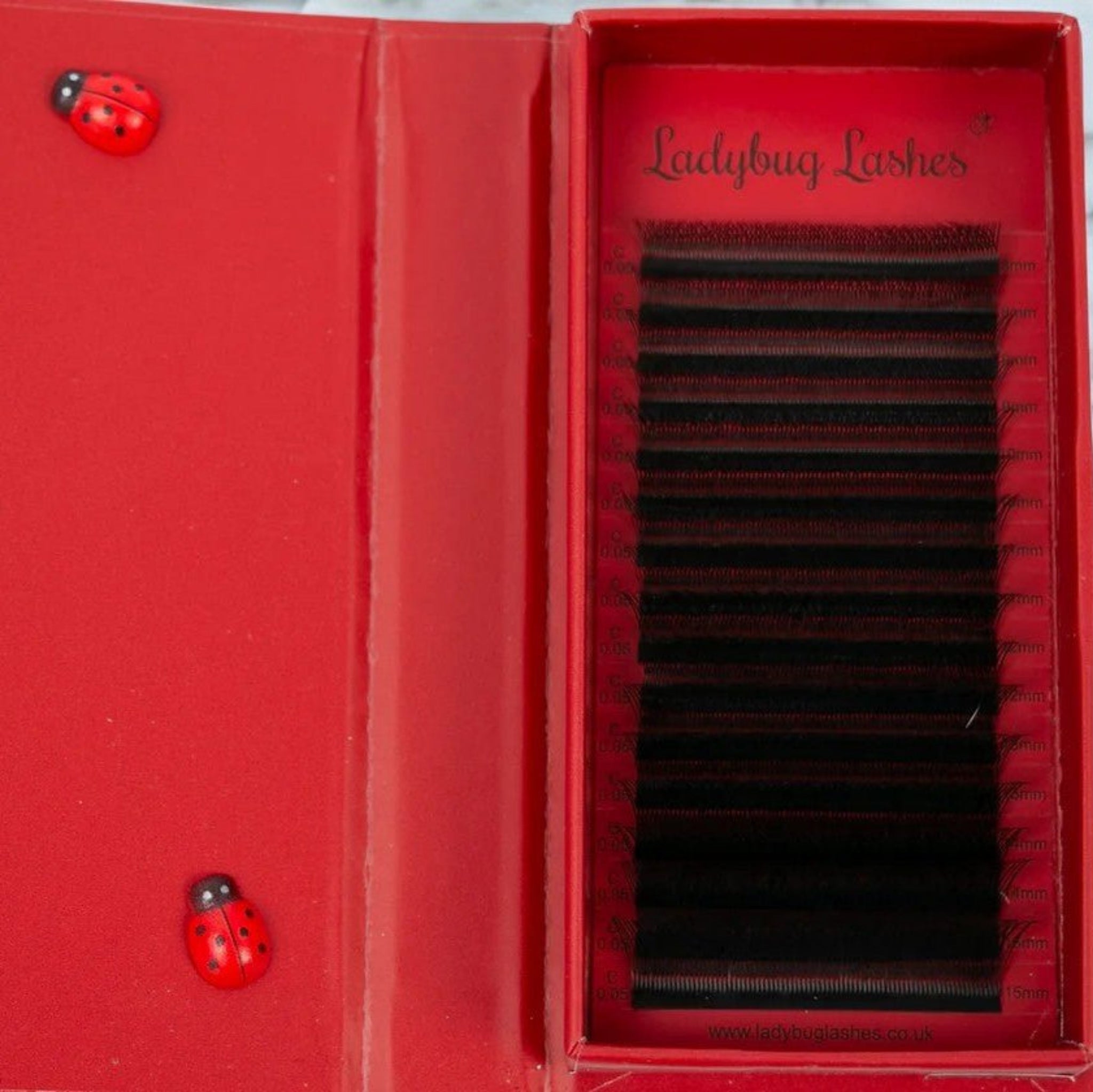 Ladybug Lashes W Lash 16 Row Mixed Tray close-up showing W-shaped lash strip detail and curl structure from aboveLadybug Lashes W Lashes Mixed Tray 16 Rows