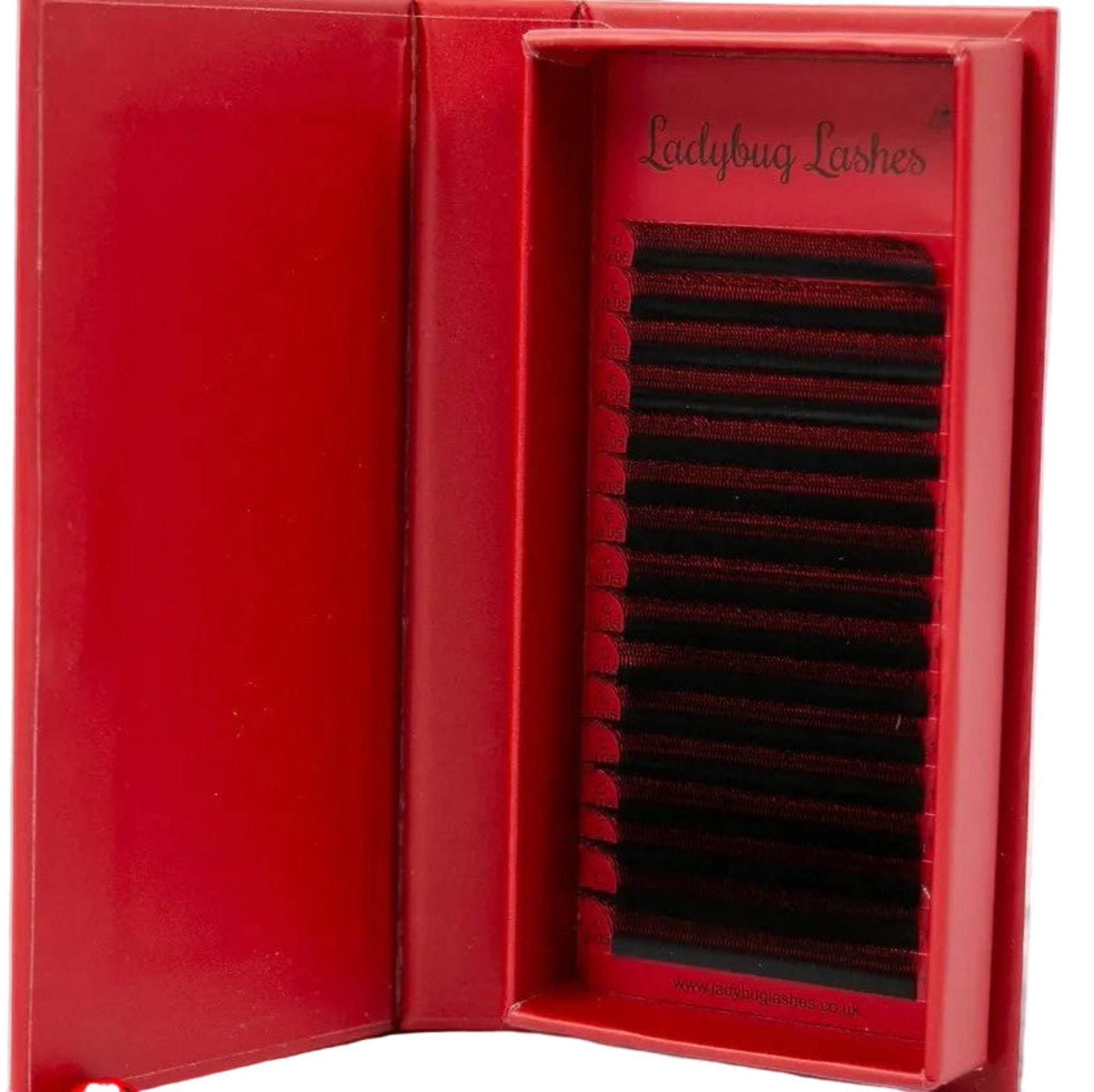 Ladybug Lashes W Lash 16 Row Mixed Tray open in branded box showing mixed length W-shaped lash extensions front-facing view
