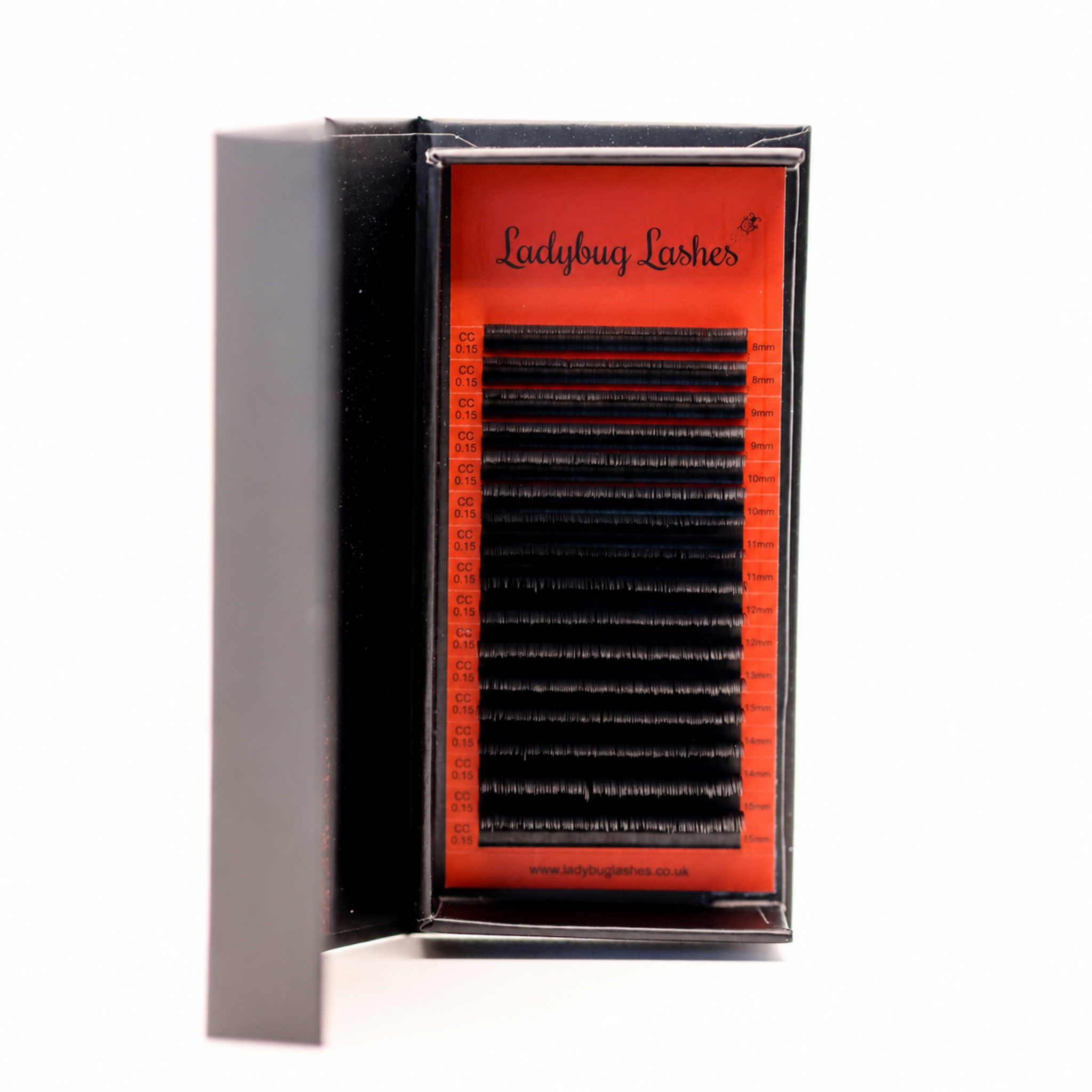 Ladybug Lashes Cashmere Flat Classics 16 Row Tray showing full tray of flat classic lash extensions from above