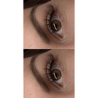 Close-up of a brown eye with eyelashes, shown from two angles.