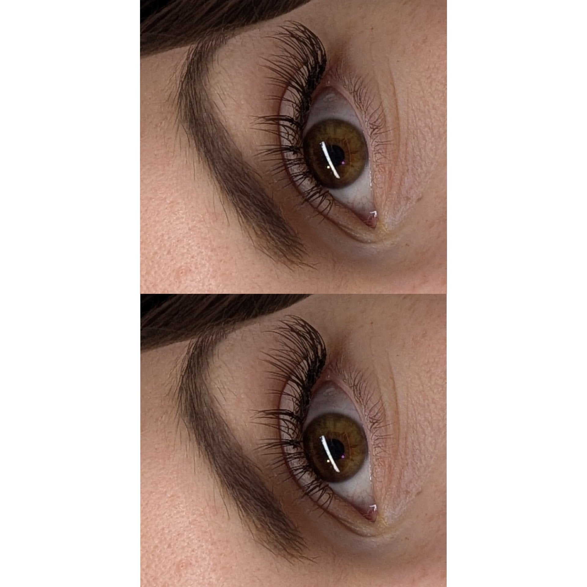 Close-up of a brown eye with eyelashes, shown from two angles.
