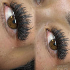 Close-up of Anime Feather lash extension set on brown eye showing dramatic feather spike volume 