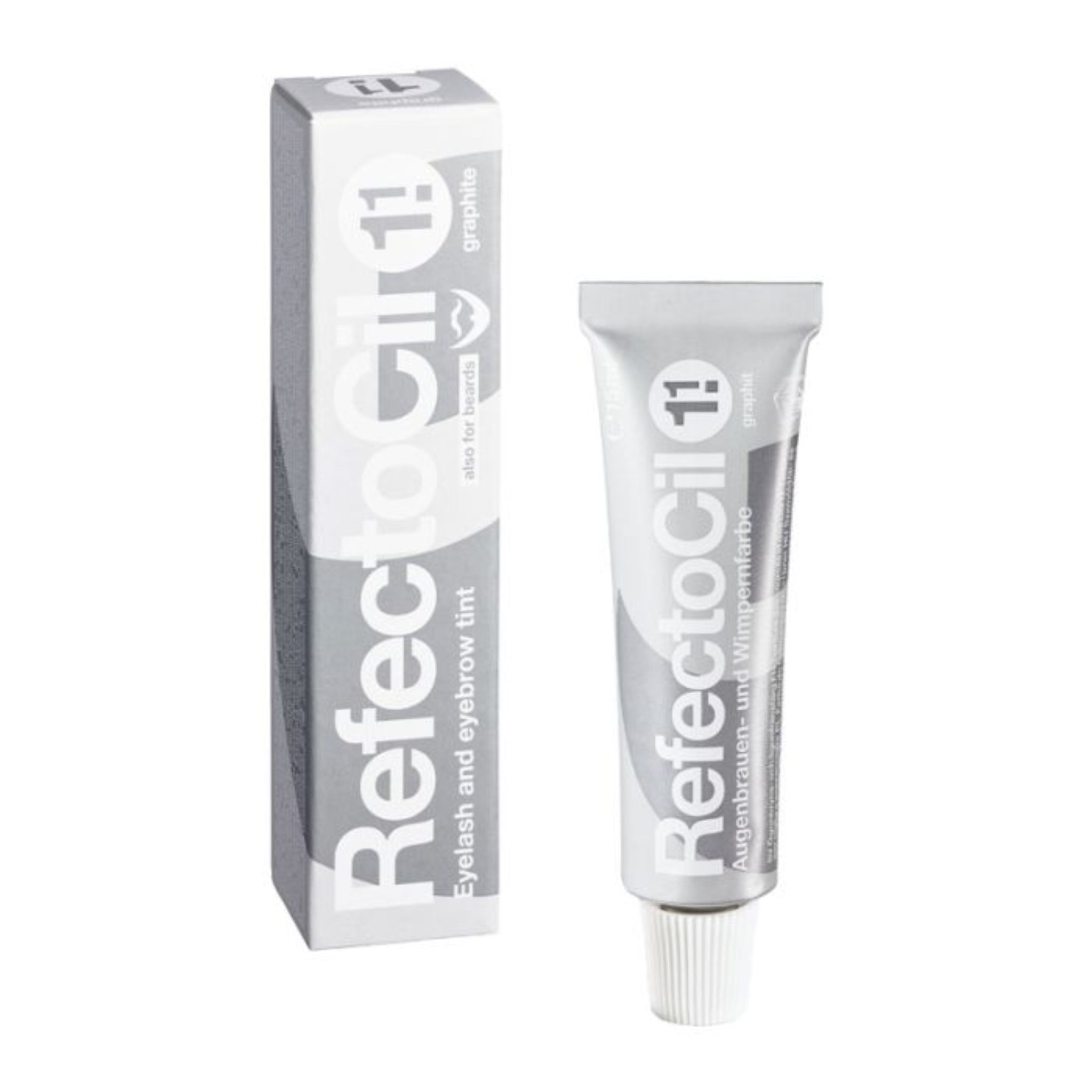 RefectoCil Eyelash and Eyebrow Tint 15ml shade 1.1 Graphite product shot showing dark grey metallic squeeze tube with white cap and dark grey RefectoCil branded retail box from front angle on white background