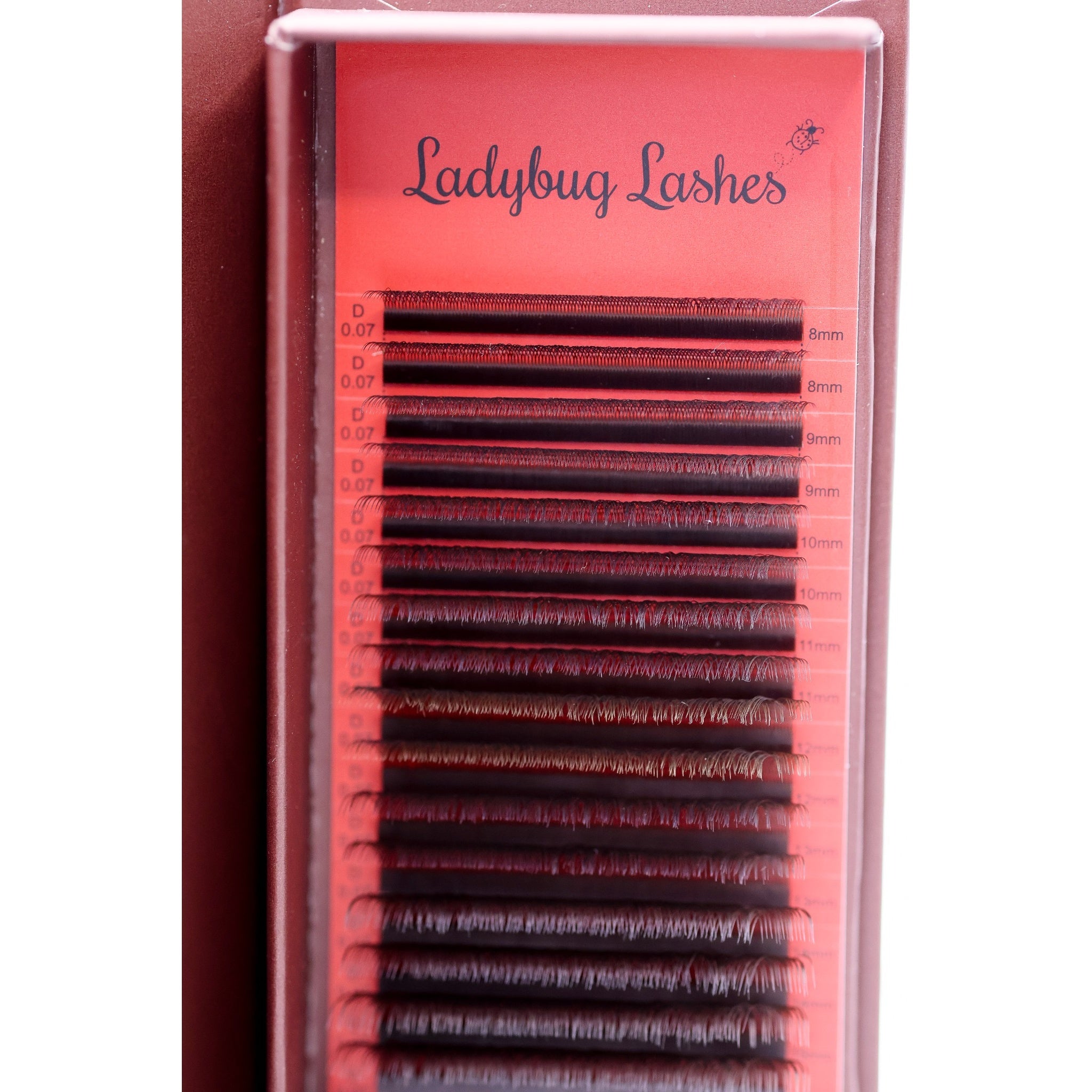 Ladybug Lashes Brown YY Lash 16 Row Tray showing full tray of brown YY lash extensions from front angle