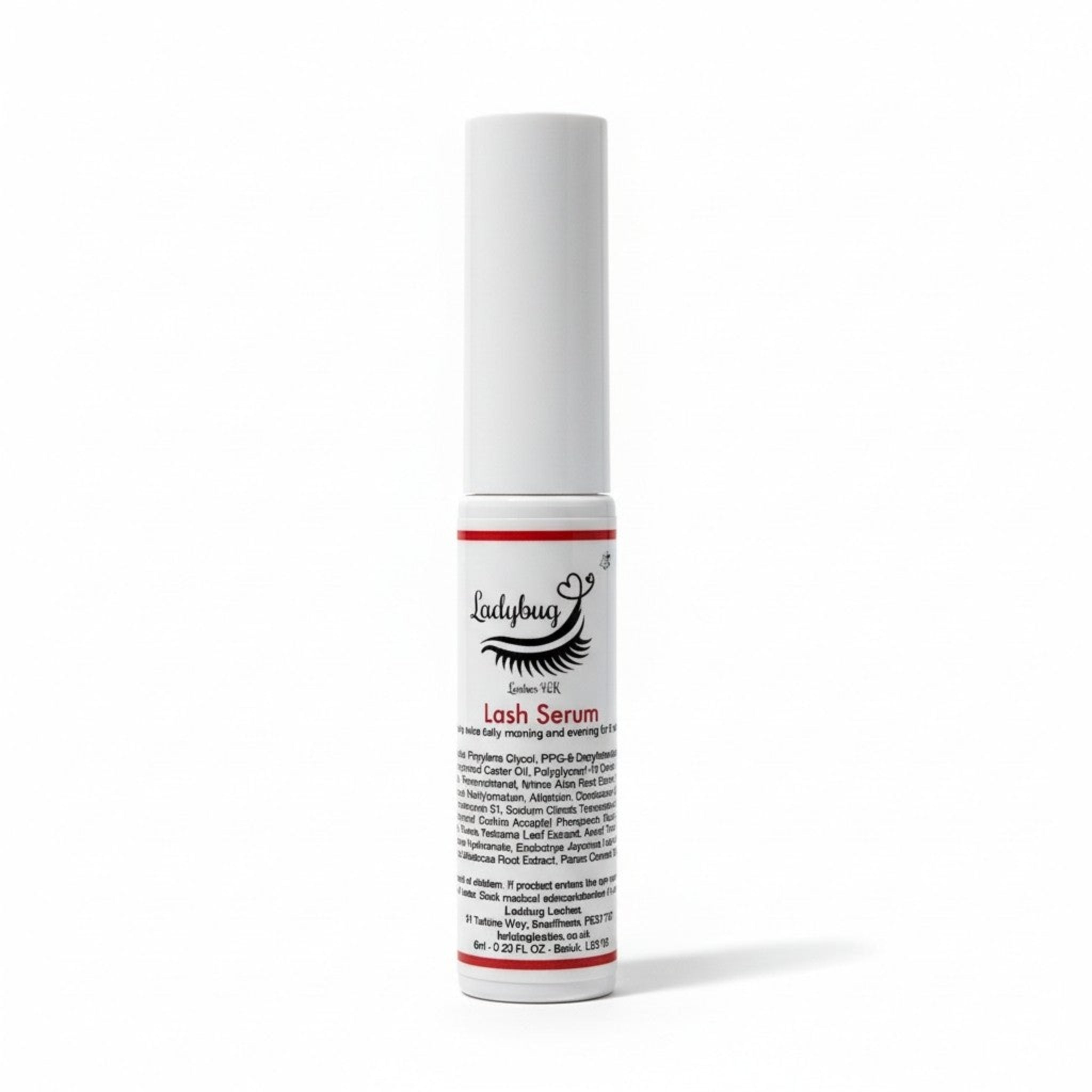 Ladybug Lashes Lash Serum 6ml white slim tube with white cap showing product label with Ladybug Lashes London UK branding, ingredient list and 6ml 0.20 FL OZ size detail, photographed straight-on against a white background