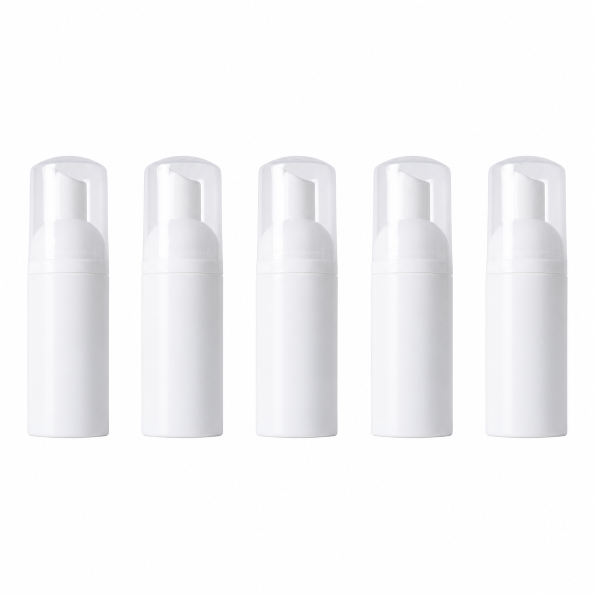 Five white plastic foam pump bottles standing in a row against a white background, each with a white foamer pump head and clear cap — empty refillable bottles sold in a pack of 5 for dispensing lash shampoo as a foaming cleanser for lash extensions and brows