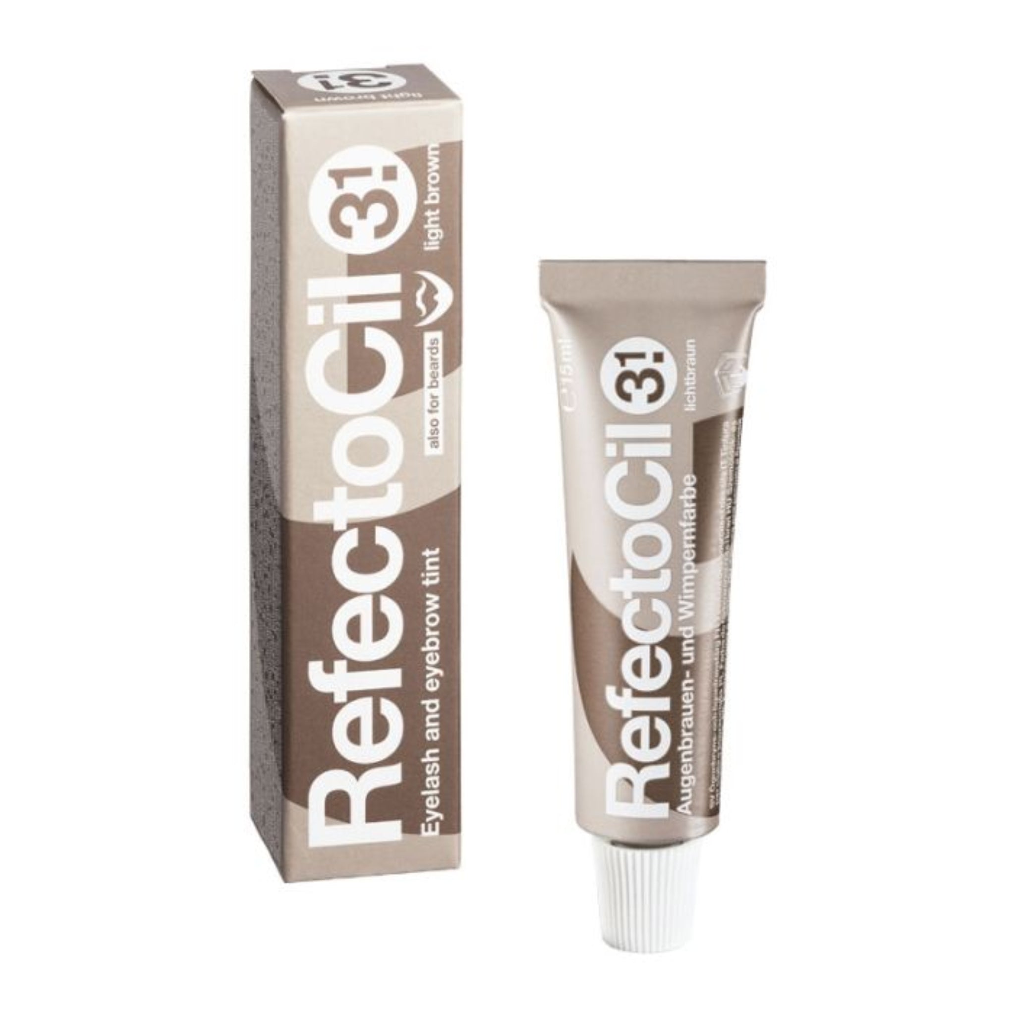 RefectoCil Eyelash and Eyebrow Tint 15ml shade 3.1 Light Brown product shot showing light brown metallic squeeze tube with white cap and light brown RefectoCil branded retail box from front angle on white background