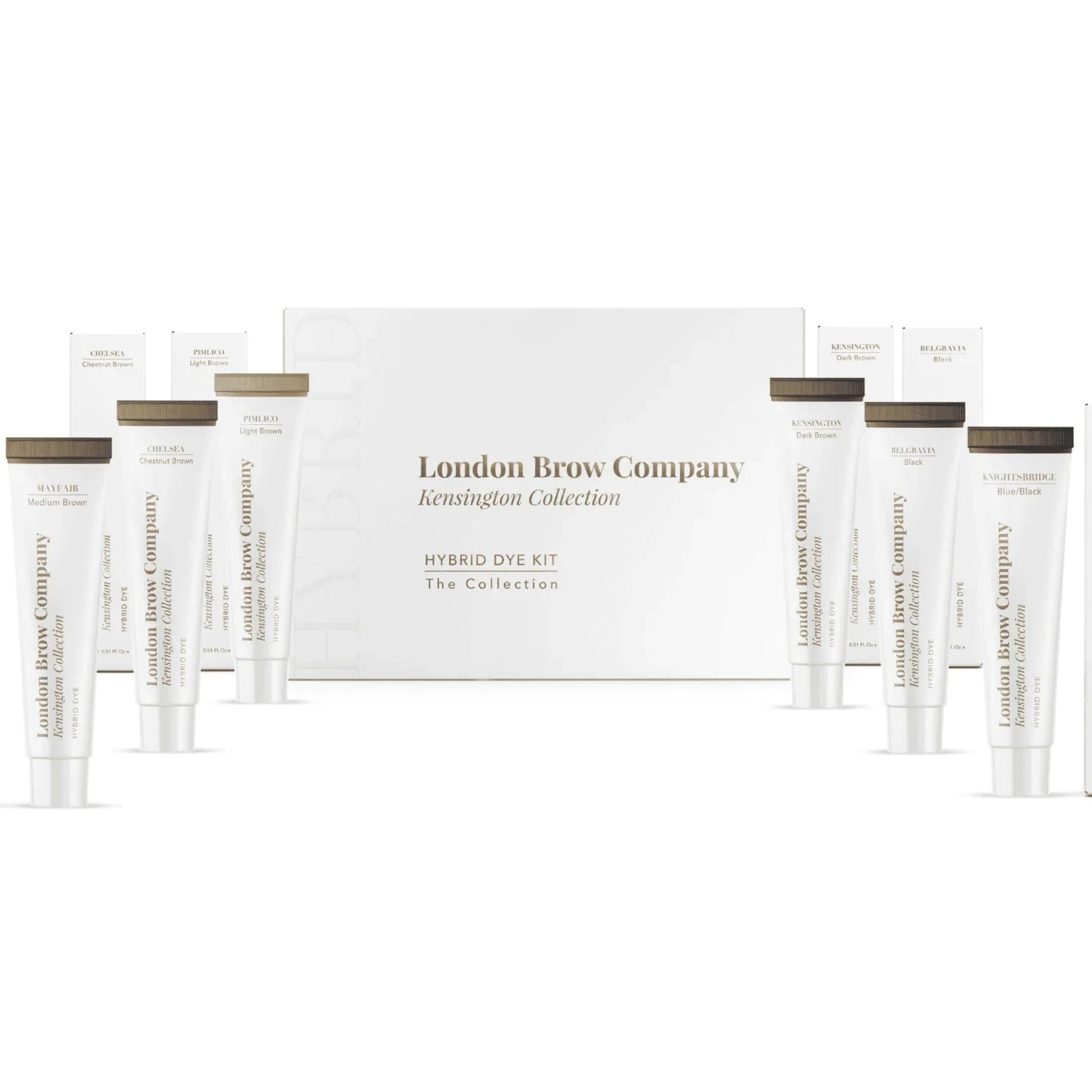 London Brow Company Kensington Collection Hybrid Dye Kit full collection flat lay showing six white tubes fanned out around branded white gift box from front angle on white background