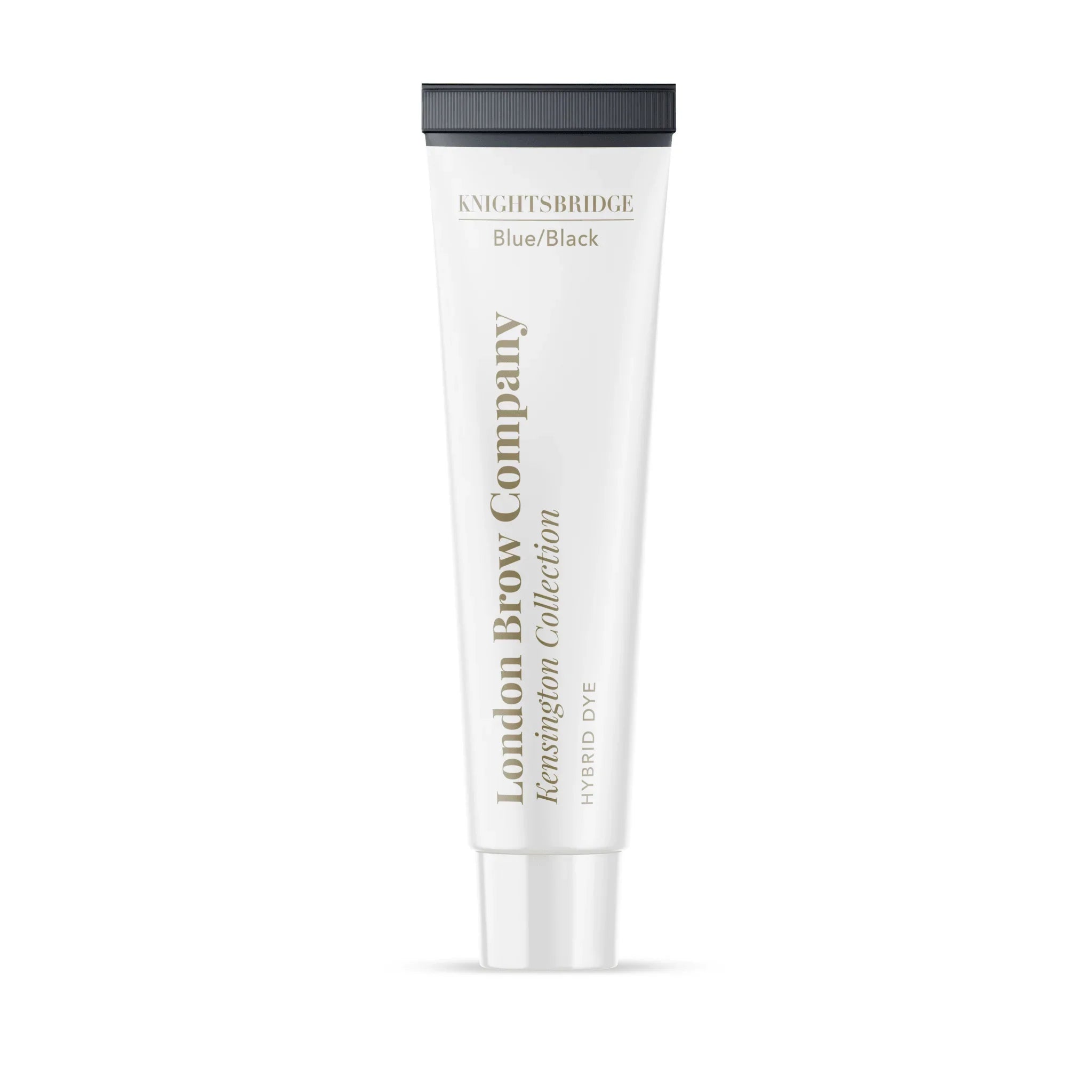 The London Brow Company Kensington Collection Hybrid Dye 15ml tube product shot showing Knightsbridge Blue/Black shade white tube with dark grey cap and London Brow Company Kensington Collection Hybrid Dye label from front angle on white background