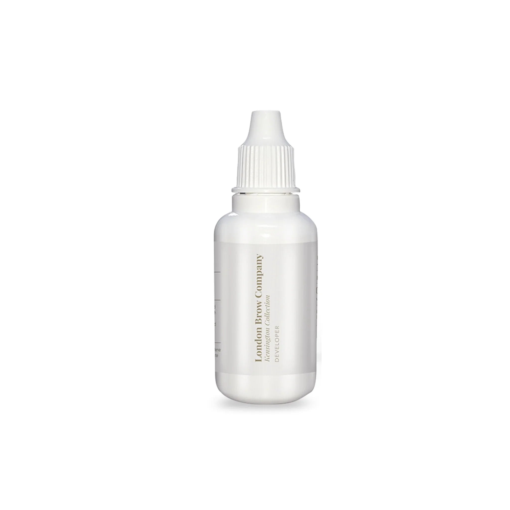 The London Brow Company Kensington Collection Developer 30ml dropper bottle product shot showing white squeeze bottle with white precision tip nozzle and London Brow Company Kensington Collection Developer label from front angle on white background