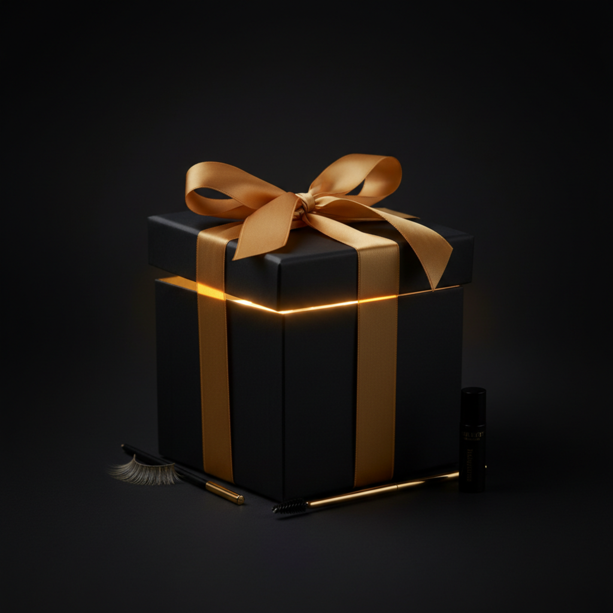 Ladybug Lashes Elite Beauty Mystery Box product shot showing luxury matte black gift box with gold satin ribbon bow and glowing gold light seam with lash extension strip and gold tweezers peeking out from the base from diagonal angle on dark background