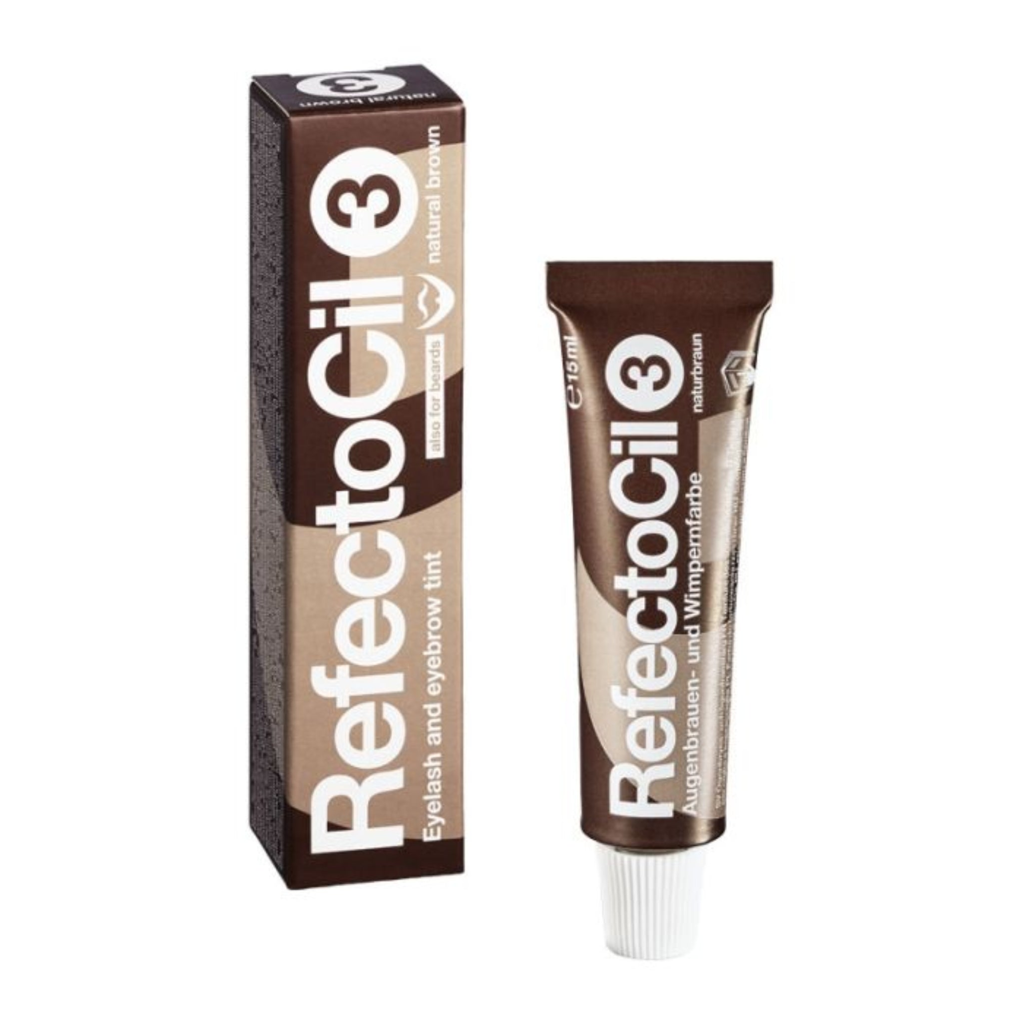 RefectoCil Eyelash and Eyebrow Tint 15ml shade 3 Natural Brown product shot showing brown metallic squeeze tube with white cap and brown RefectoCil branded retail box labelled Natural Brown Naturbraun from front angle on white background