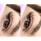 Close-up of an eye with long eyelashes before and after application.