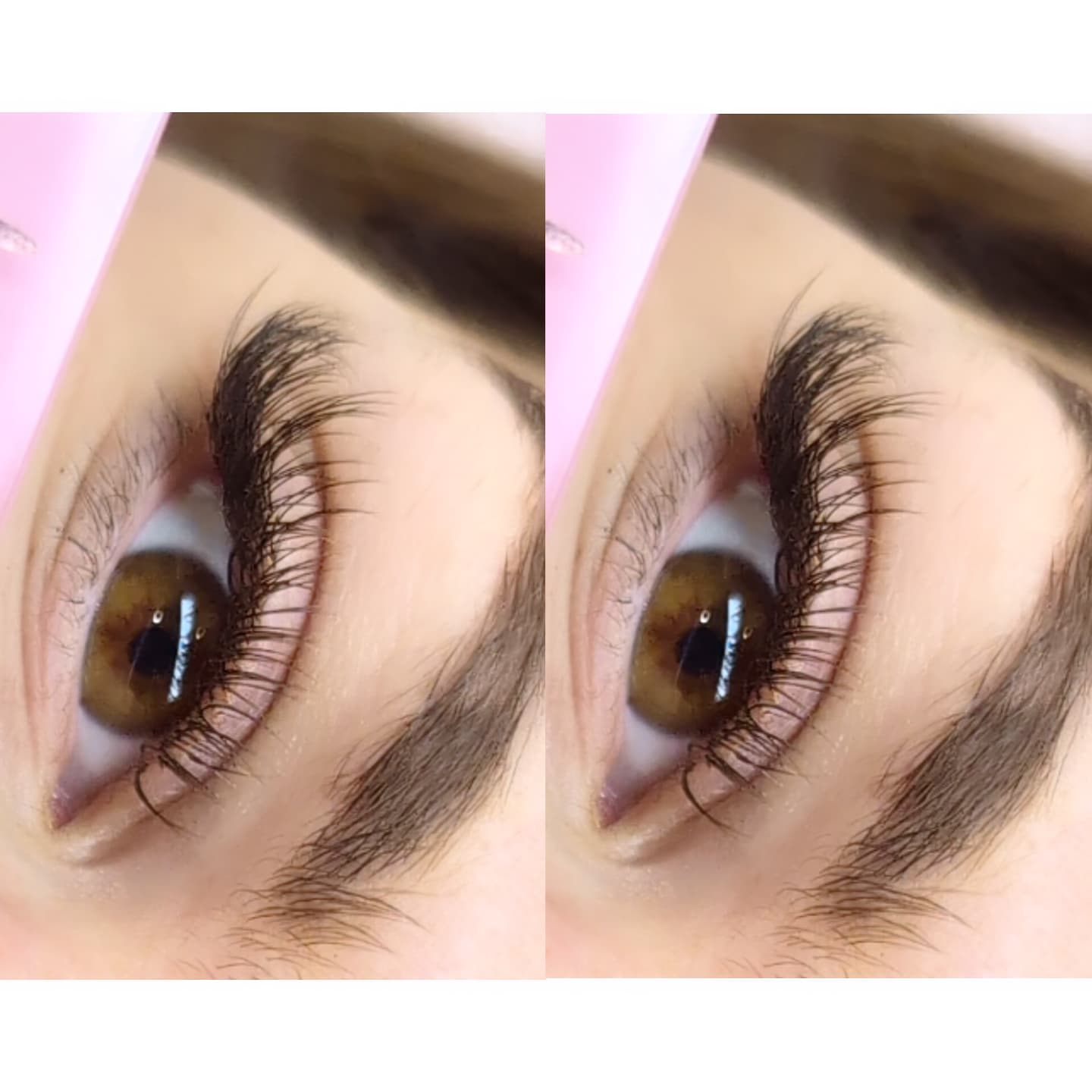 Close-up of an eye with long eyelashes before and after application.