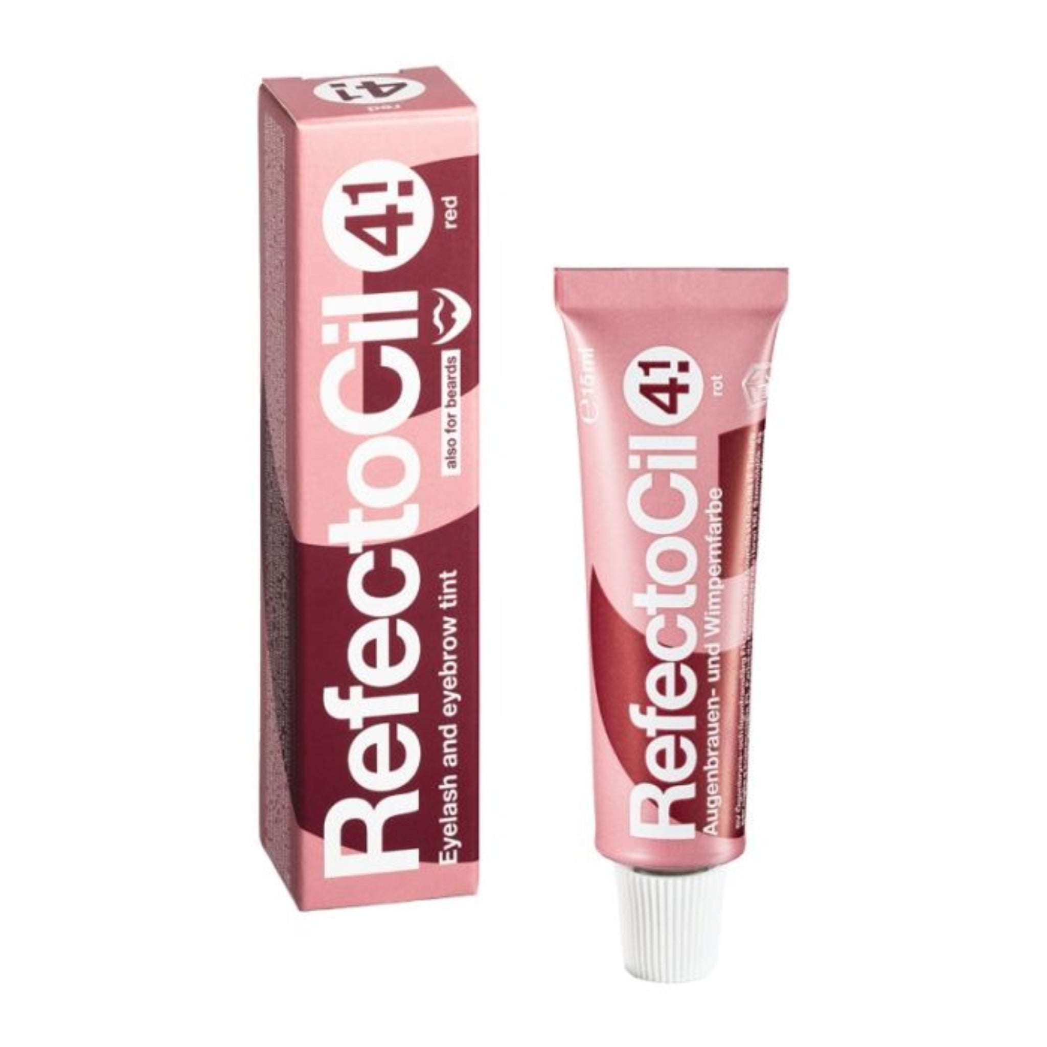 RefectoCil Eyelash and Eyebrow Tint 15ml shade 4.1 Red product shot showing red metallic squeeze tube with white cap and red RefectoCil branded retail box from front angle on white background