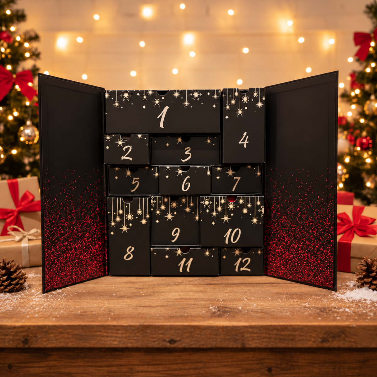 Ladybug Lashes Christmas Advent Calendar 2026: black advent calendar with twelve numbered drawers in gold, star and snowflake details and red glitter side panels, shown open on a wooden table with a Christmas tree and fairy lights behind.