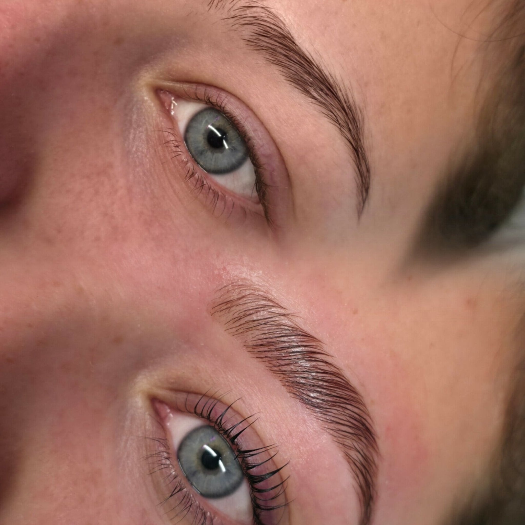 Ladybug Lashes Airless Pump Express Cysteamine Brow Lamination Kit before and after result shot showing two open blue eyes with lifted natural lashes and freshly laminated brushed-up taupe brows from overhead angle with soft skin texture visible