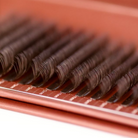 Angled macro close-up of brown Fairy lash extensions on Ladybug Lashes tray showing wispy curl tips and length markings on the strip
