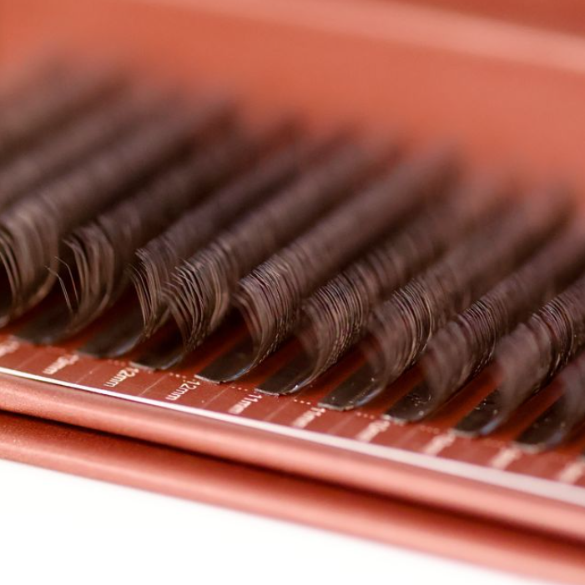 Angled macro close-up of brown Fairy lash extensions on Ladybug Lashes tray showing wispy curl tips and length markings on the strip